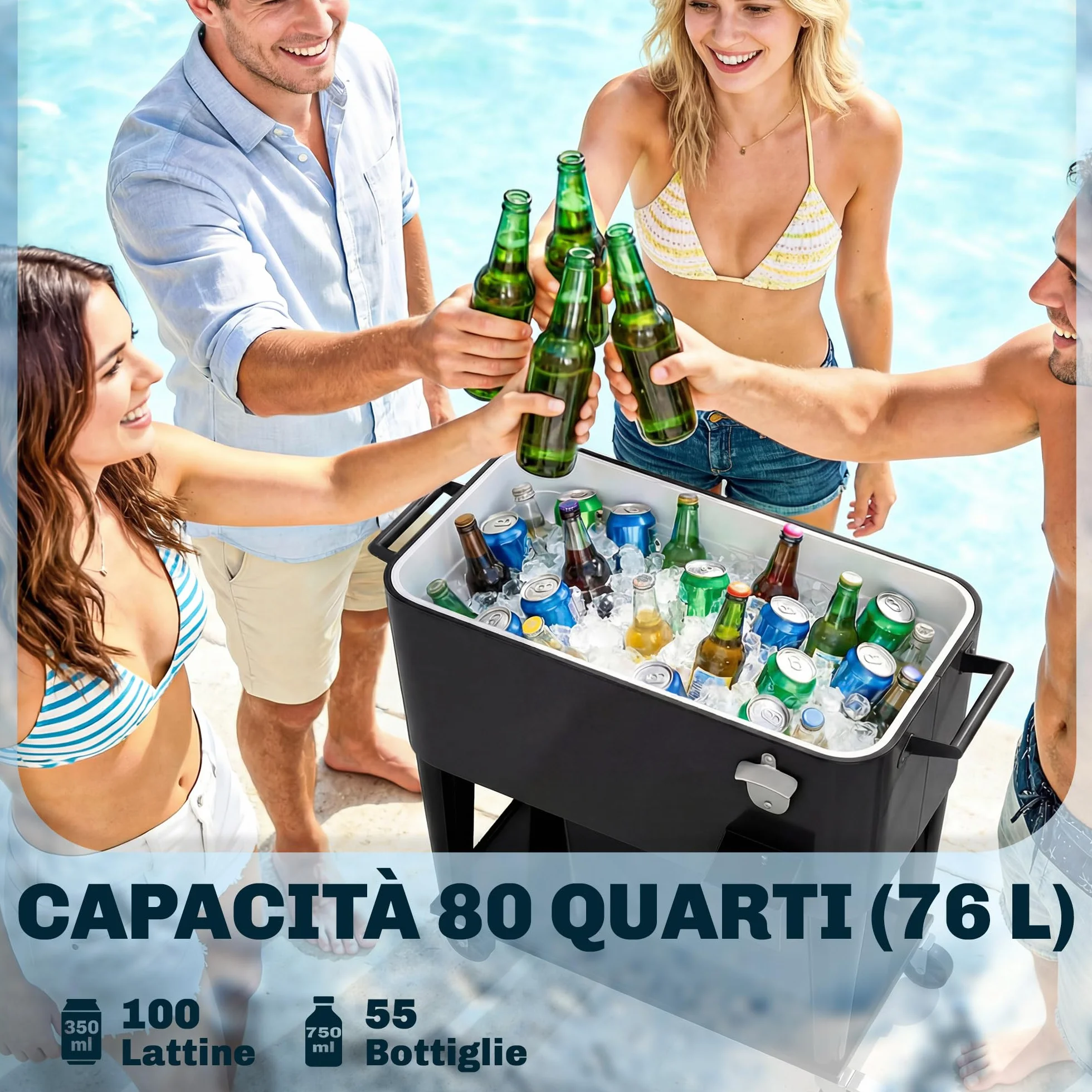 Outsunny Ghiacciaia da Giardino 76L, Carrello Portavivande con Ruote Bloccabili, Nero