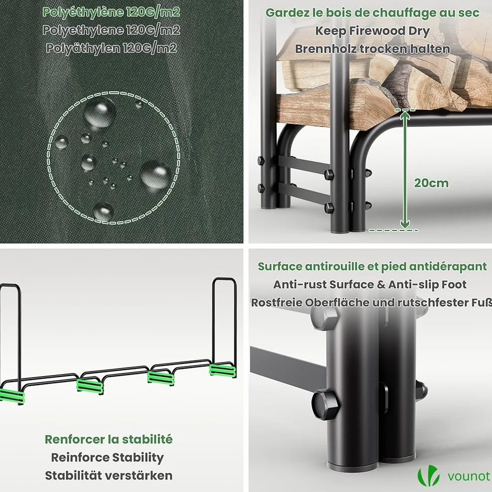 VOUNOT Legnaia da Esterno in Metallo 300 x 116 x 36 cm Verde Portalegna con Copertura Impermeabile