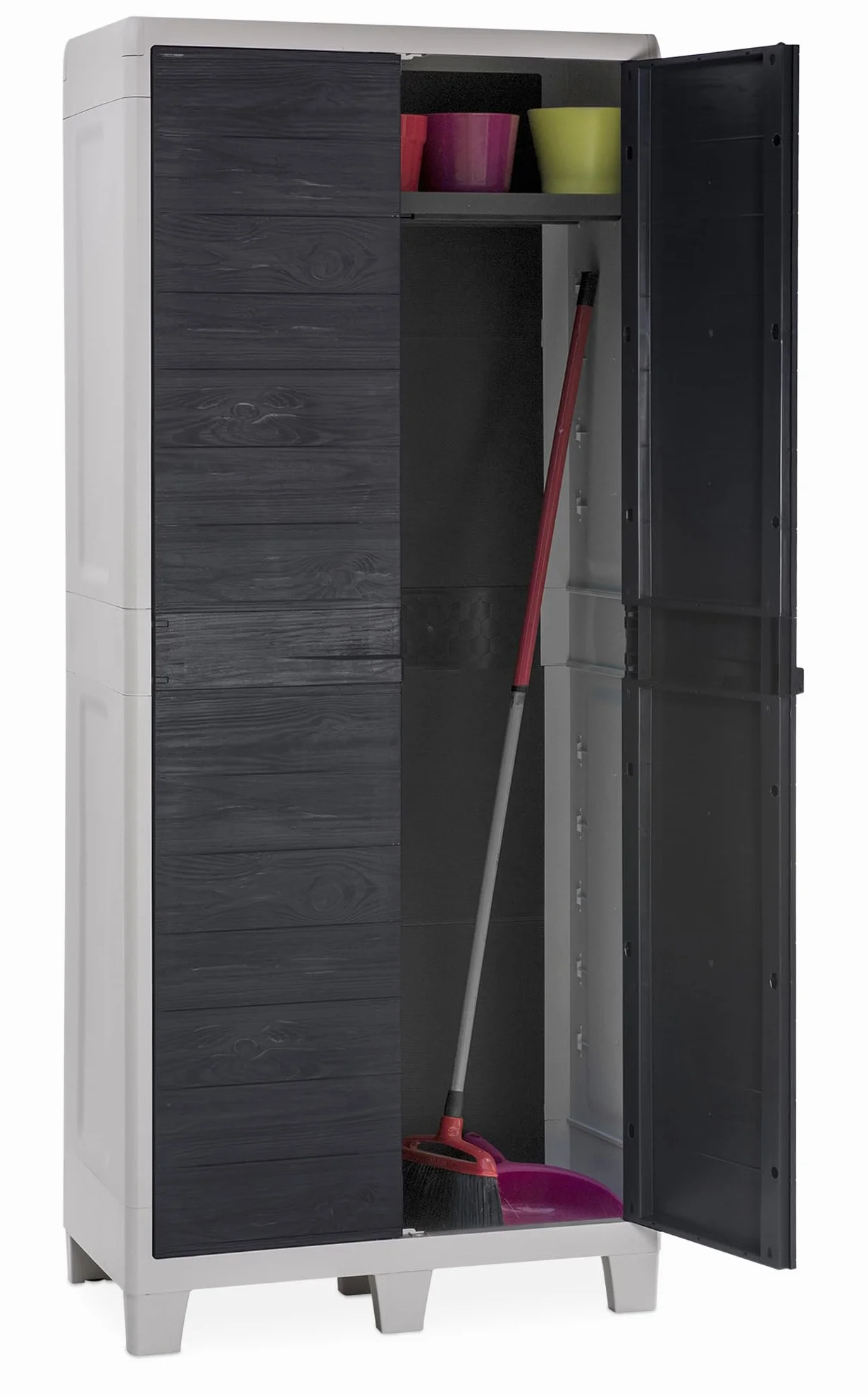 Toomax Armadio Portascope Woody's XL 78x46x182h cm in plastica resistente effetto legno grigio chiaro/antracite, 4 ripiani regolabili, piedini e predisposizione per lucchetto, per ripostigli e garage