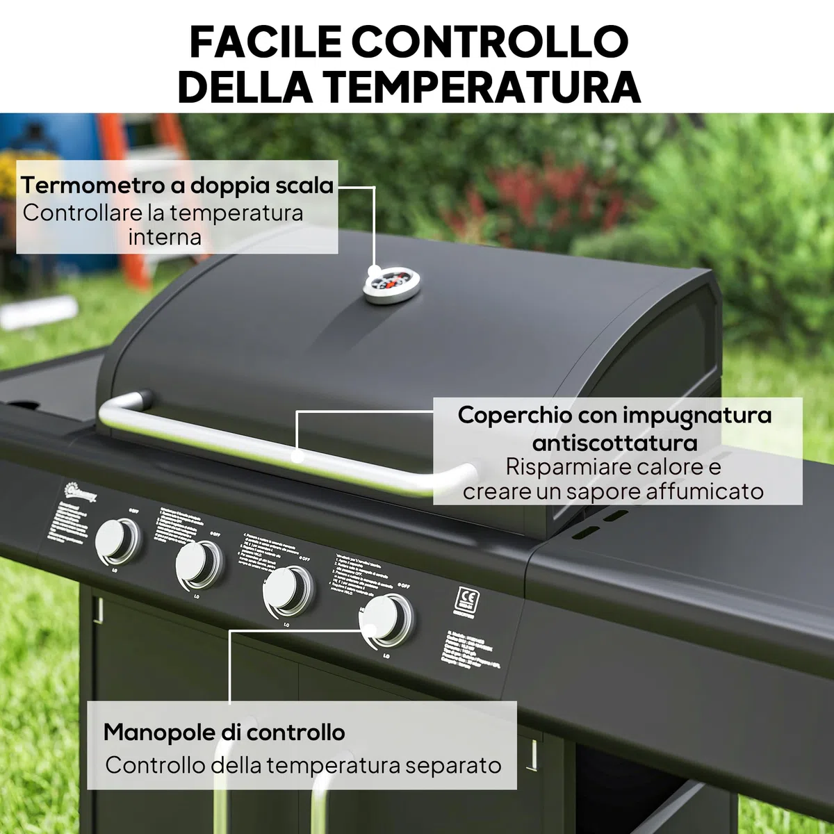 Outsunny Barbecue a Gas 4+1 Bruciatori 15.2 KW Acciaio PP con Ruote Armadietto Termometro Nero