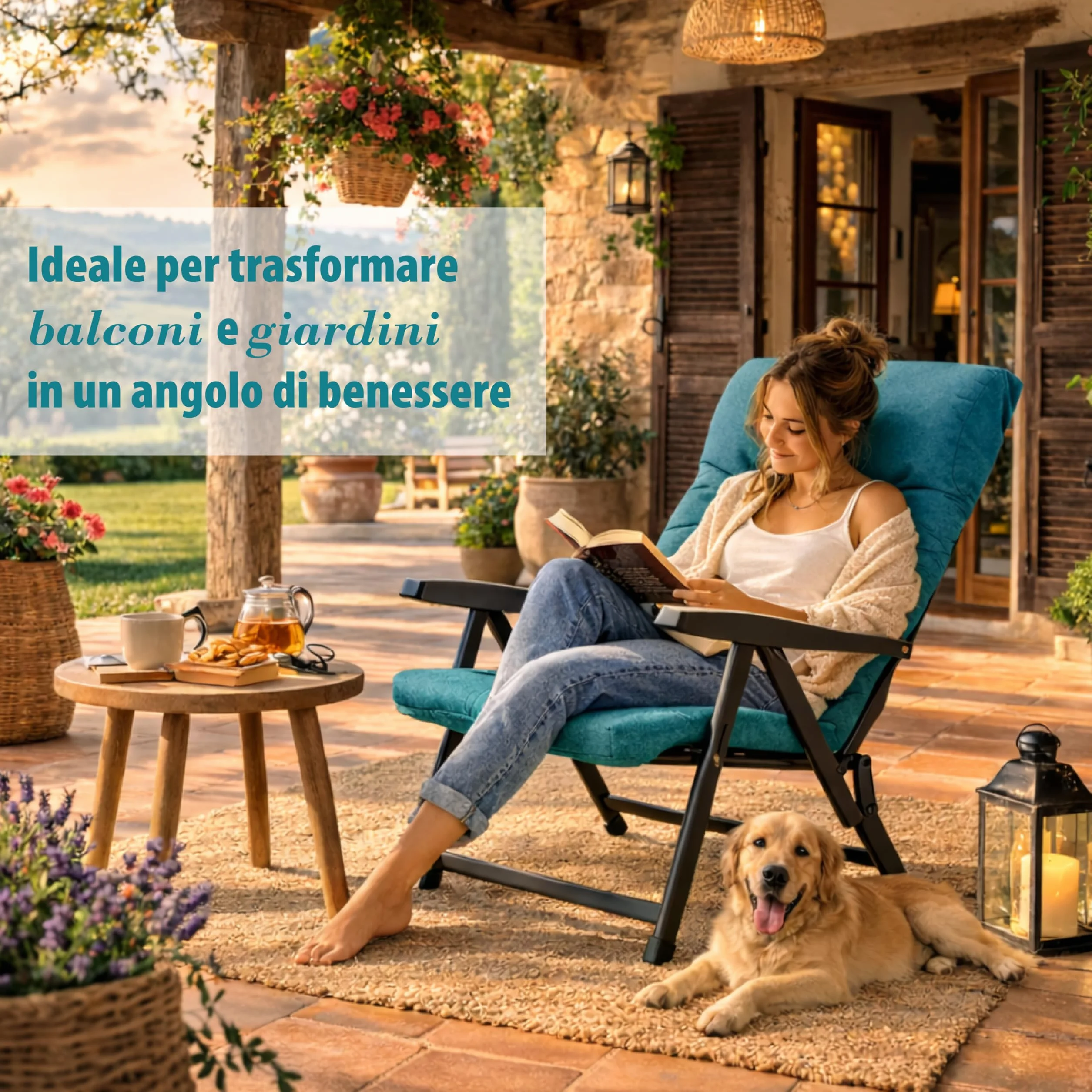 MA MAISON Sedia Reclinabile Imbottita 122X60X61 cm - 5 Posizioni, Braccioli Ergonomici, Struttura in Acciaio, per Interno, Esterno, Regolabile, Richiudibile, in Tessuto - Made in Italy PETROLIO
