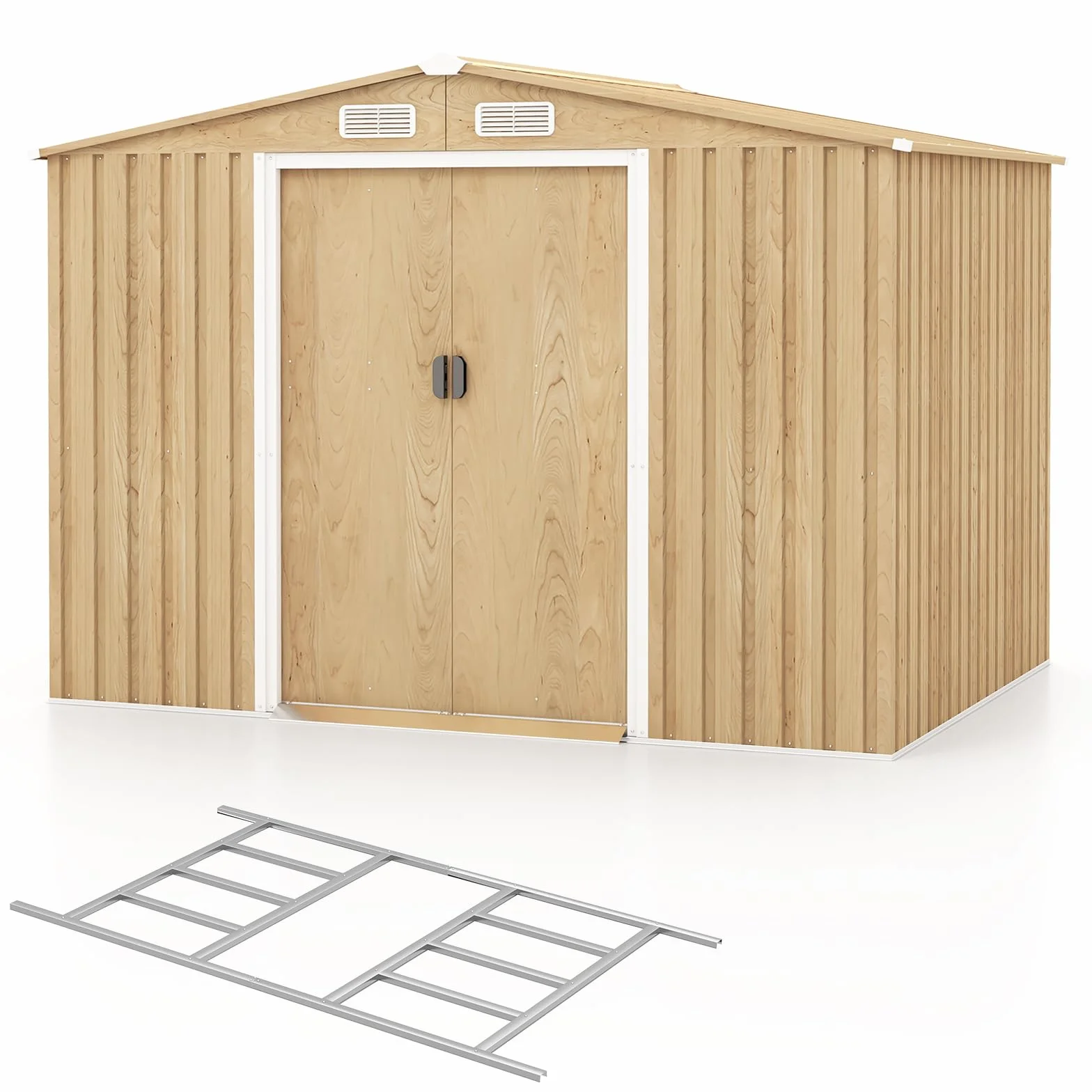 RELAX4LIFE Casetta da Giardino per Attrezzi, in Lamiera d'Acciaio e e Lamiera Zincata con Fondazione, Doppie Porte Scorrevoli, Rampa, 4 Fori di Ventilazione e 4 Guanti Inclusi (259 x 196 x 184 cm)