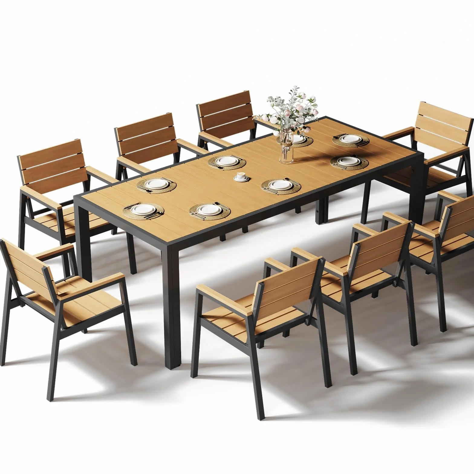 Devoko HDPS Set Tavolo e Sedie da Giardino 9 Pezzi Alluminio Finitura Vena di Legno 189 cm Naturale