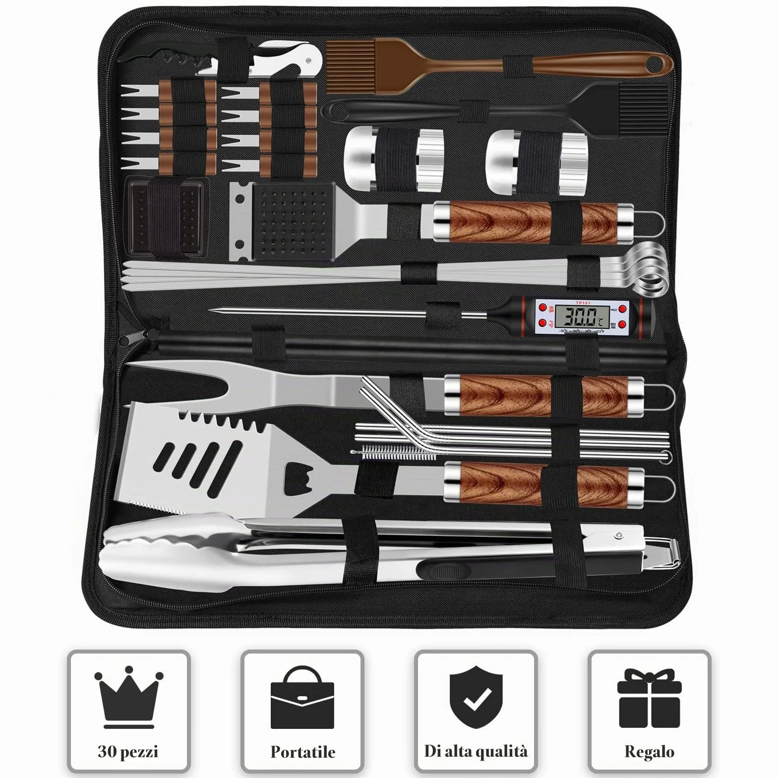 Grilliance Set di 30 Posate per Barbecue, in Acciaio Inox di Alta qualità, Pinza per Barbecue, cavatappi, Set con Valigetta e Tappetino per Barbecue, per Uomini, Regalo per Campeggio, Marrone