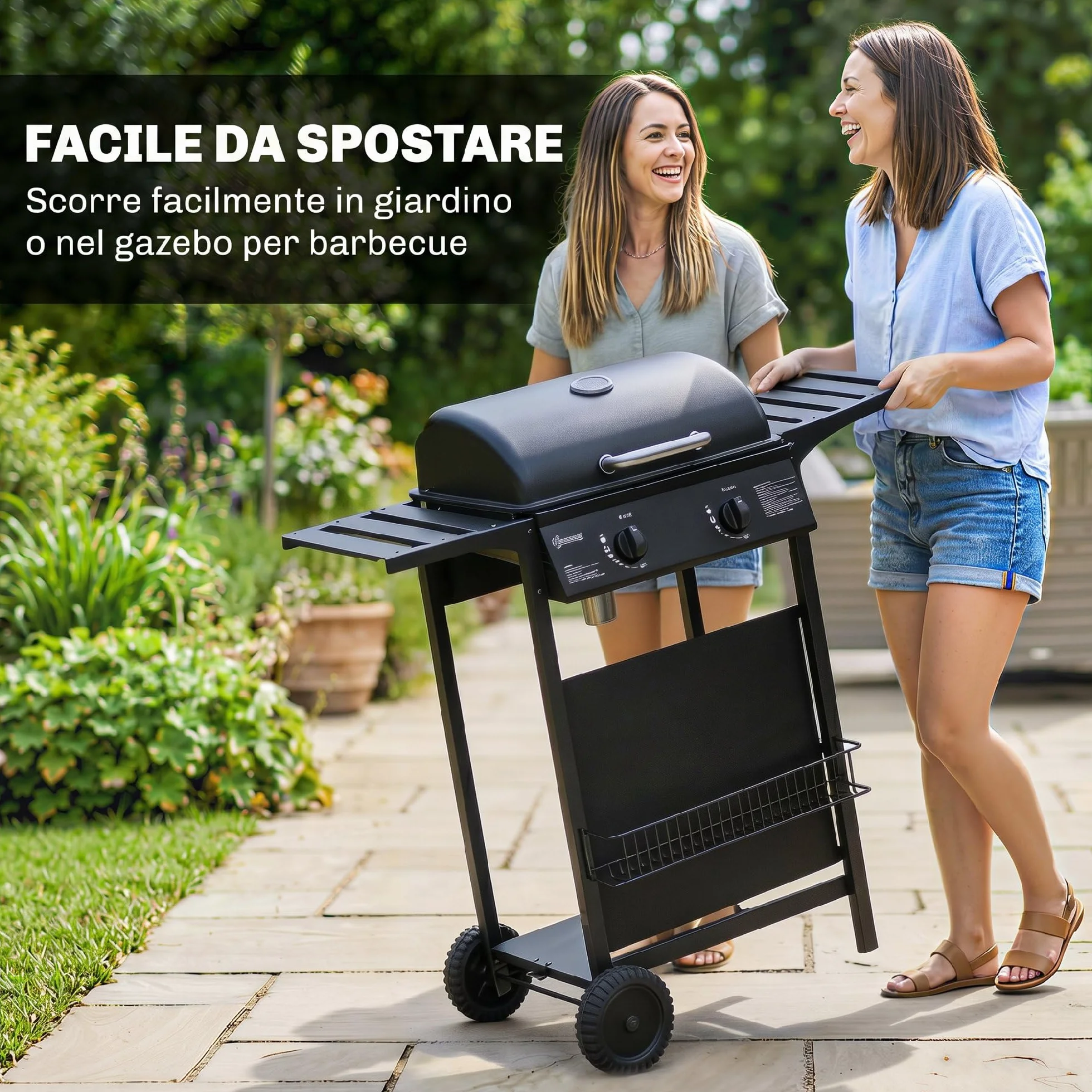 Outsunny Barbecue a Gas 2 Bruciatori 5KW BBQ Portatile Griglia Acciaio Inox con Ruote Giardino