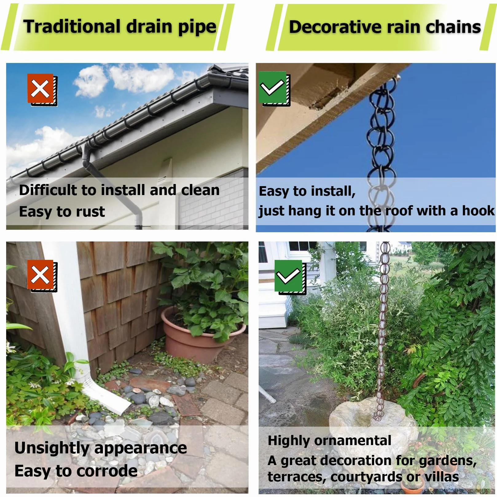 Catene Antipioggia per Grondaie,Catena Antipioggia per Grondaie,Drenaggio ad Alta Efficienza,Pratica ed Elegante,Ricambio Perfetto per Pluviali,Per Giardino Casa Gazebo Esterno Tettoia Copertura 8ft