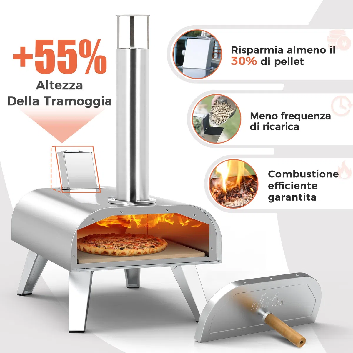 BIG HORN OUTDOORS Forno a Pellet per Pizza 12 Pollici, Portatile con Pietra Refrattaria, Acciaio Inox