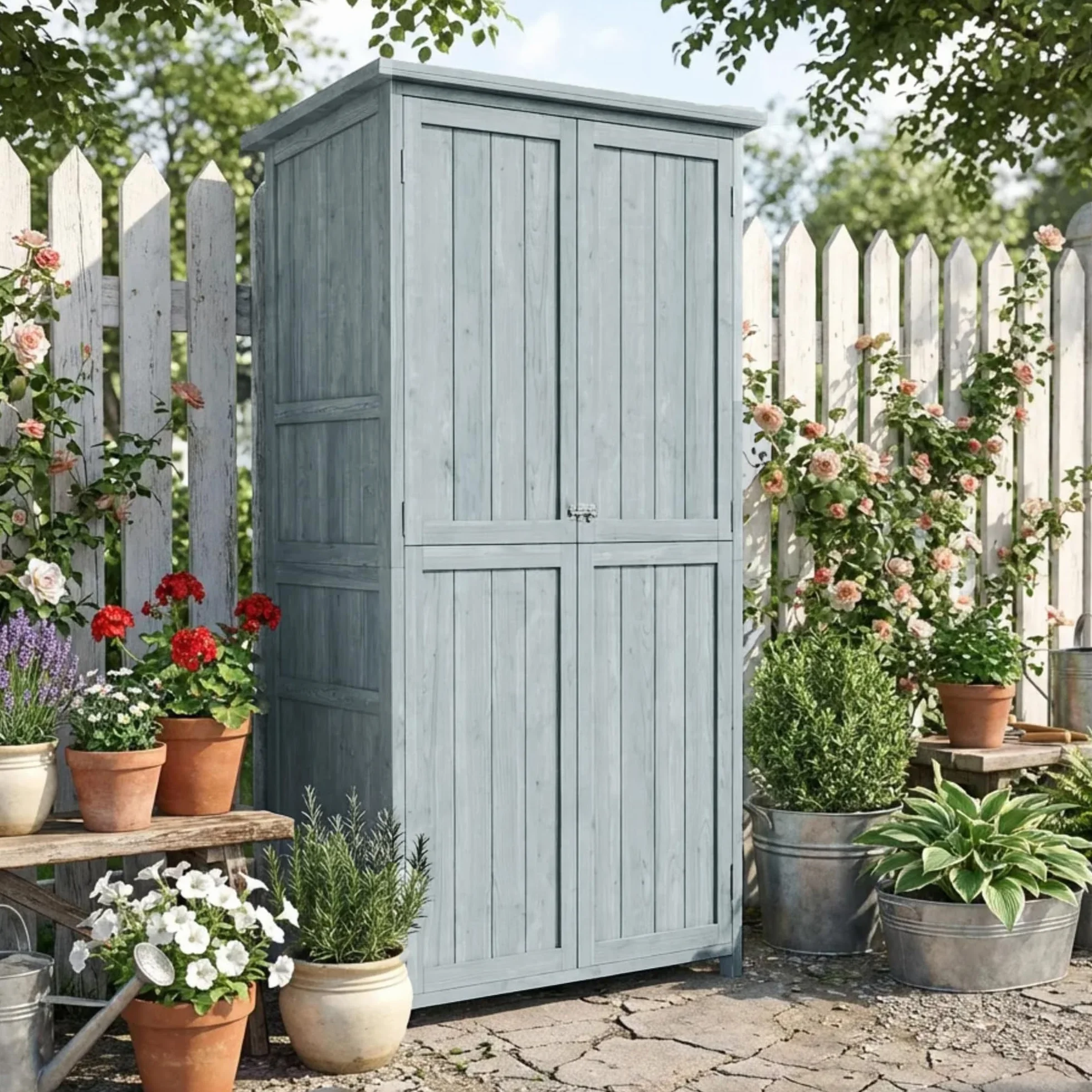 Outsunny Armadio da Giardino in Legno di Abete con Kit Antiribaltamento, Casetta Porta Attrezzi da Esterno con 2 Ante Bloccabili, 2 Ripiani, 10 Ganci, Tetto Inclinato Asfalto, 85x54x170 cm, Grigio