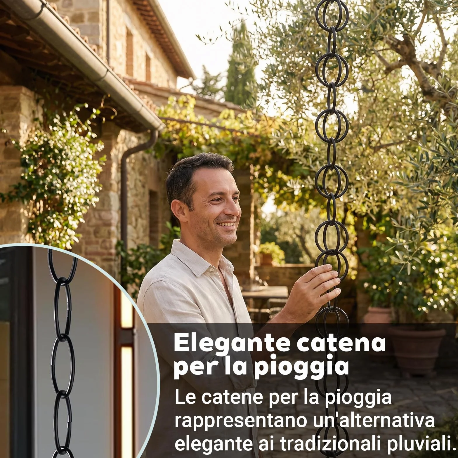 Catena Pluviale Giapponese in Rame per Drenaggio, Resistente all‘Inverno, Ideale per Barile di Pioggia, Nero (2.2m)