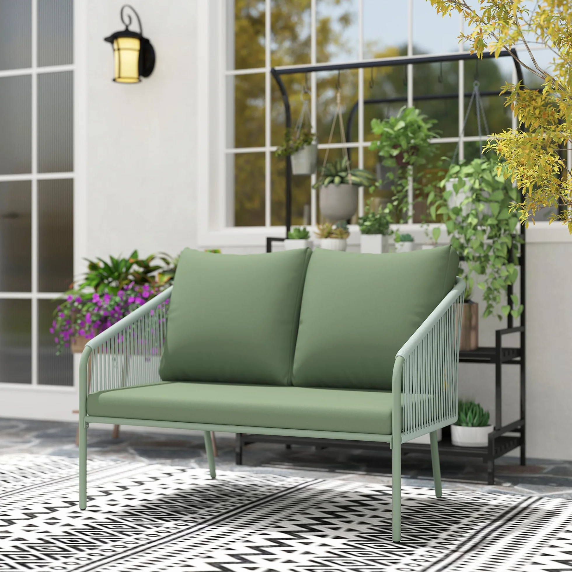 Outsunny Divano da Giardino 2 Posti in Rattan PE, Divanetto da Esterno in Stile Boho con Cuscini Sfoderabili, Braccioli e Telaio in Acciaio, Divano da Esterno, per Terrazza e Cortile, Verde