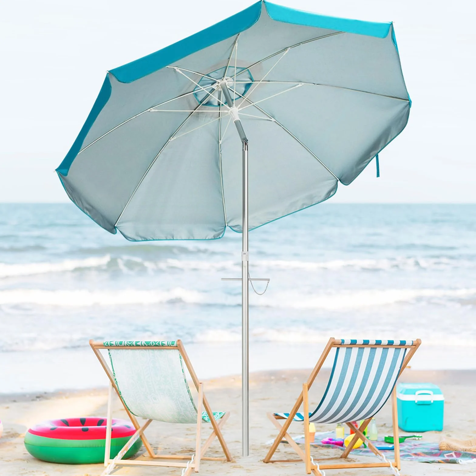 COSTWAY Ombrellone da Spiaggia 198 cm, Parasole Esterno con Palo Inclinabile in Alluminio, Anti UV 50+, 8 Stecche, Blu