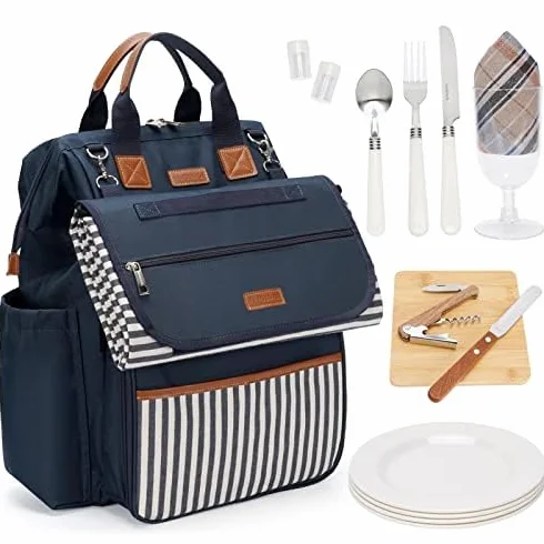 Zaino da picnic grande capacità 4 piatti scomparto termico 22,9 cm manico legno posate coperta impermeabile blu navy