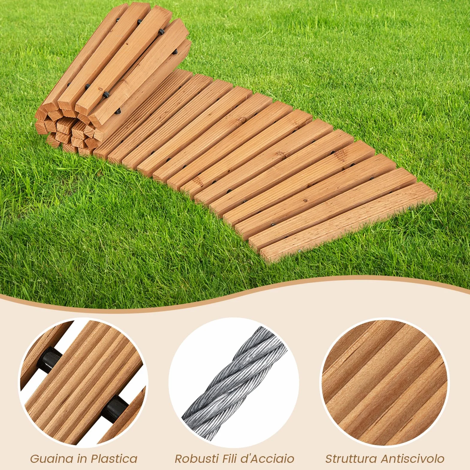COSTWAY Sentiero da Giardino in Legno, Passerella Curvo da Esterno con Superficie Antiscivolo e Fili Metallici, Design Arrotolabile, per Patio Cortile e Spiaggia, Naturale (216 x 53 cm)
