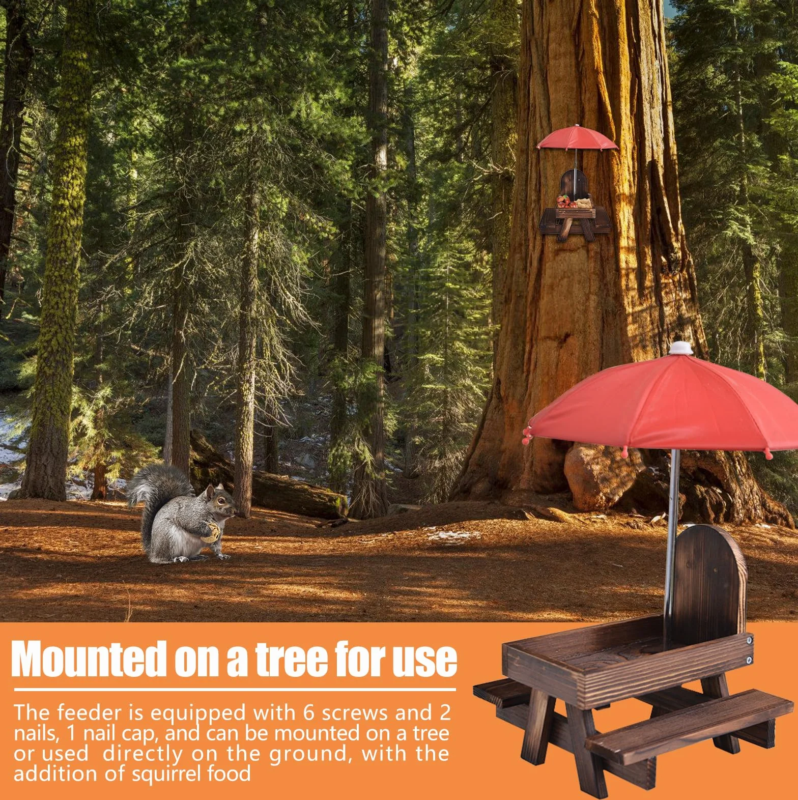 Scoiattolo casetta con ombrello: tavolo da picnic in legno con supporto per pannocchie, resistente alle intemperie, per scoiattoli Chipmunk Wildlife