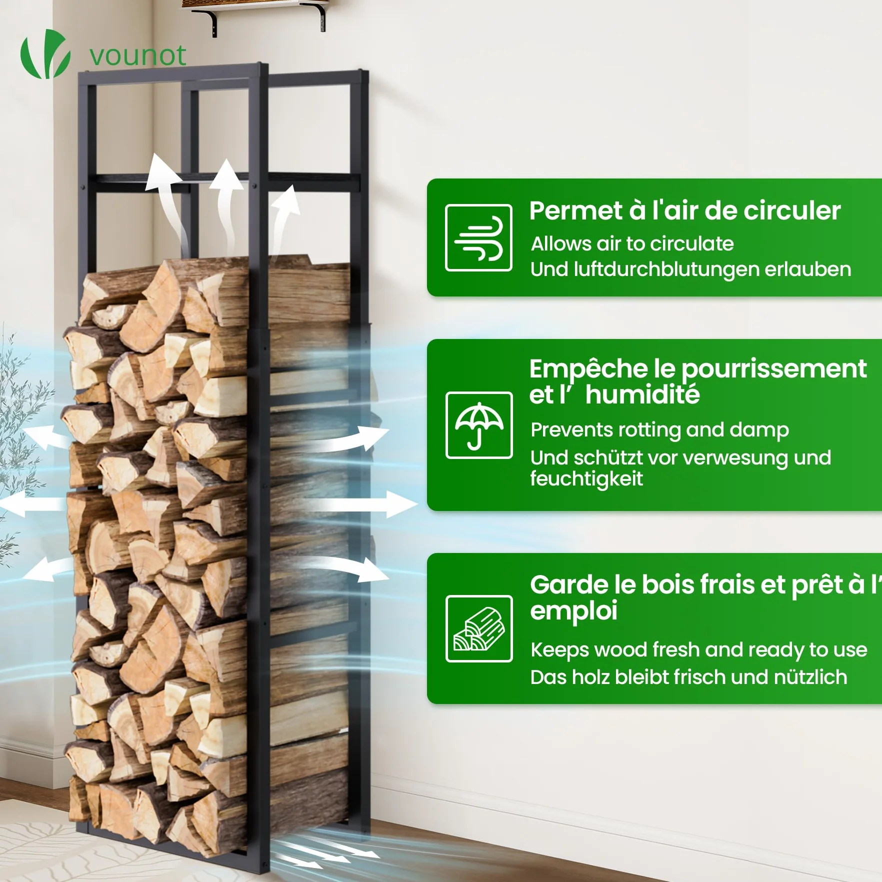 VOUNOT Legnaia in Metallo con Ripiano 45x32x120-170 cm Altezza Regolabile 3 Livelli Salvaspazio Interno Esterno Nero