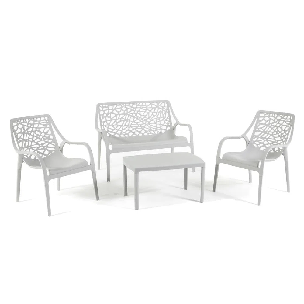 Set Maratea Salotto da giardino polipropilene fibra di vetro 4 posti Divano due posti 2 Poltrone Tavolino impermeabile impilabile Grigio Chiaro