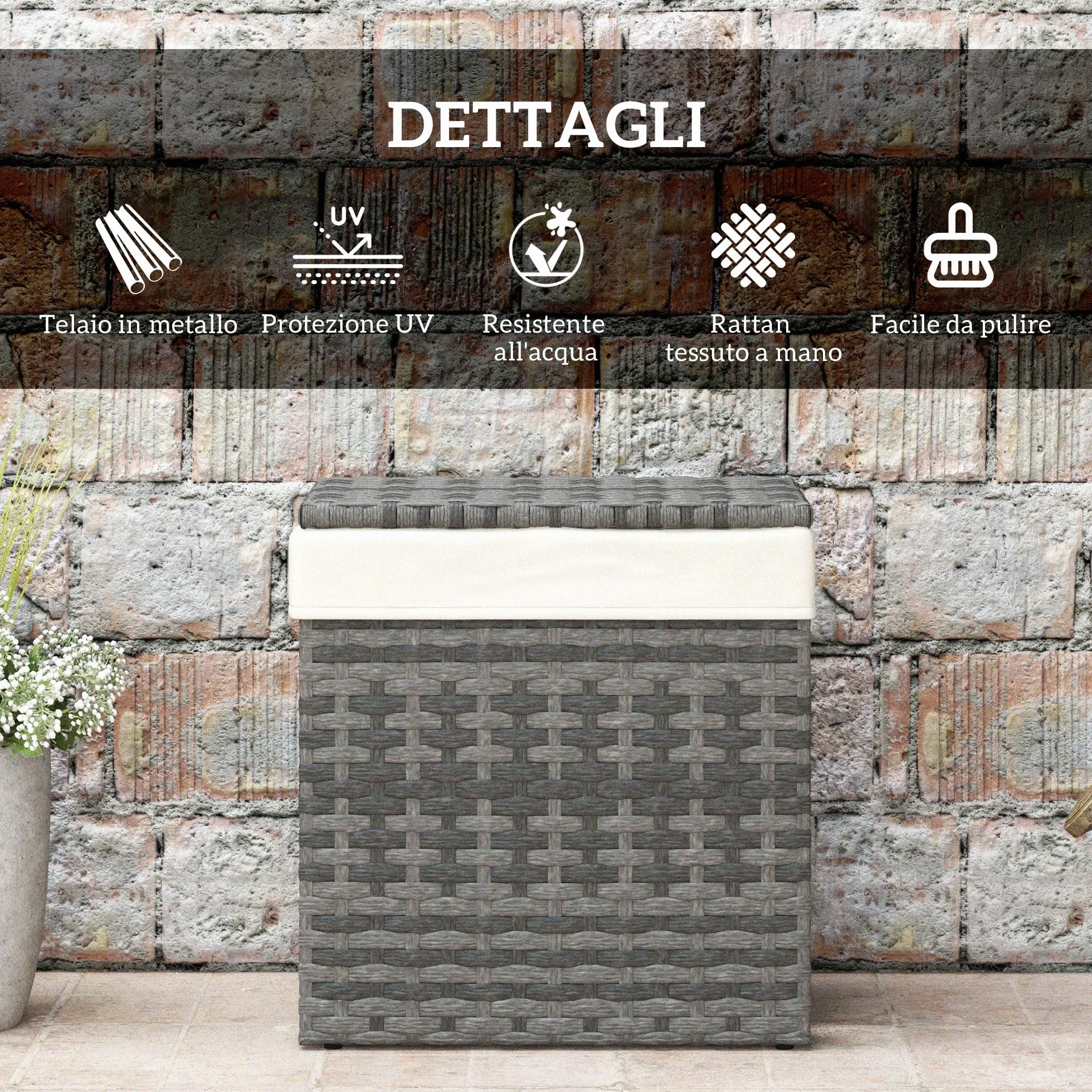 Outsunny Baule da Giardino in Rattan PE, Cassapanca da Esterno con Piedini Antiscivolo e Rivestimento Interno in Tessuto Impermeabile, 57x34x62cm, Grigio e Beige