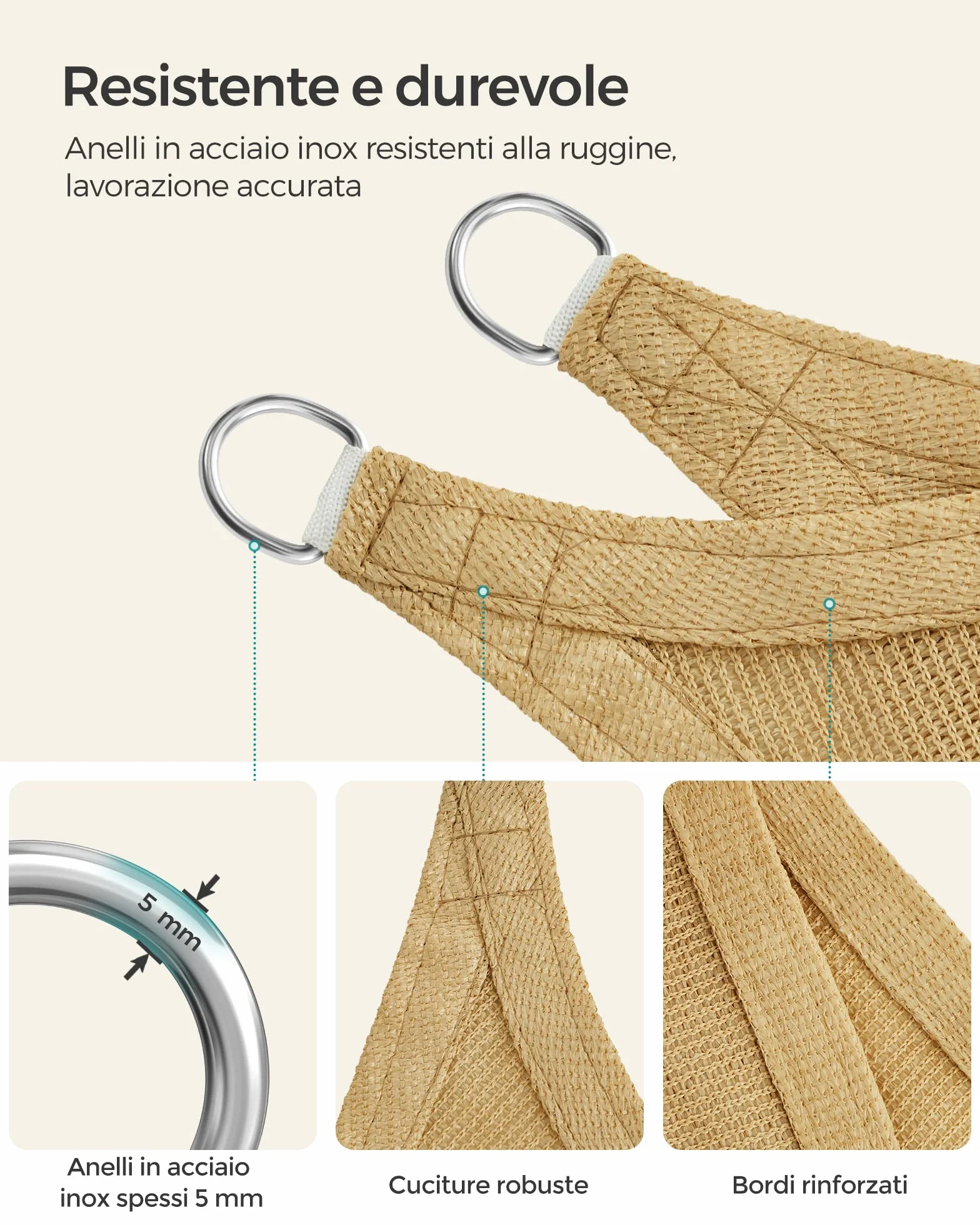 SONGMICS Vela Parasole 3 x 3 m, Tenda da Sole in Tessuto HDPE, Permeabile all'Aria e all'Acqua, Giallo Sabbia