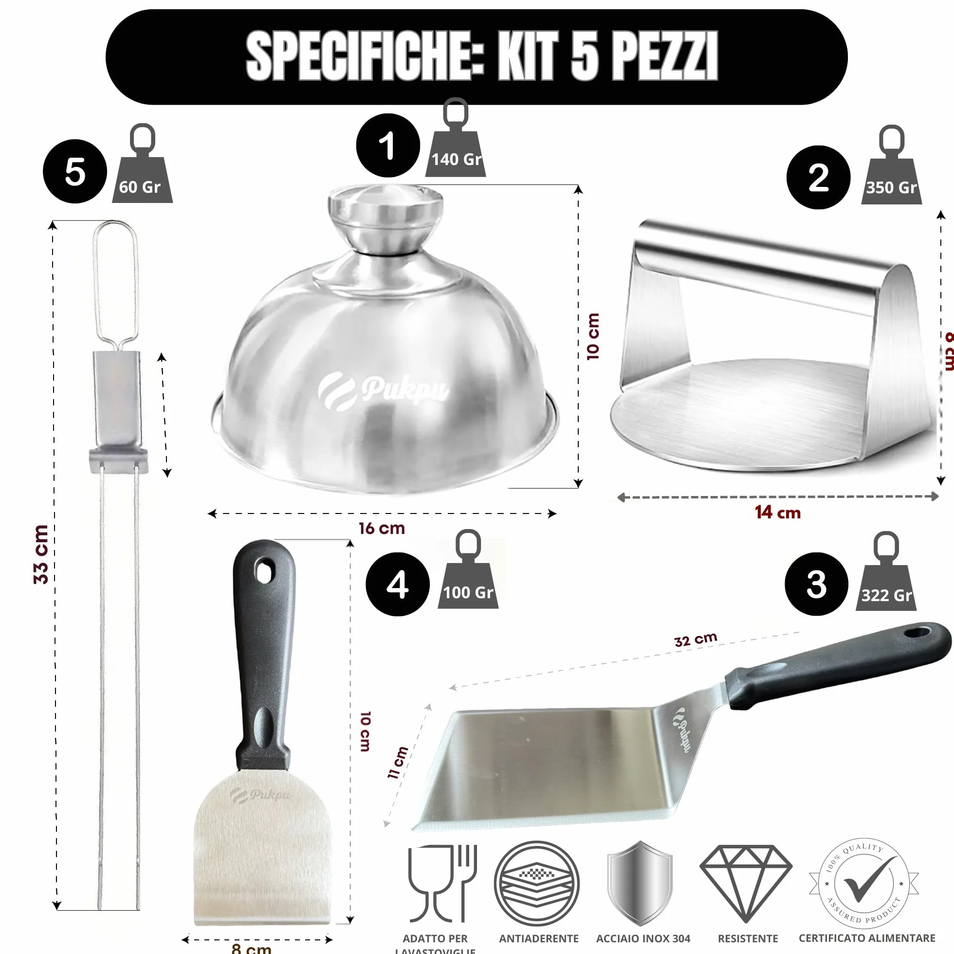 Kit Smash Burger 6 Pezzi Nero – Pressa Hamburger, 2 Spatole Inox, 2 Cloche per Formaggio e Spiedino
