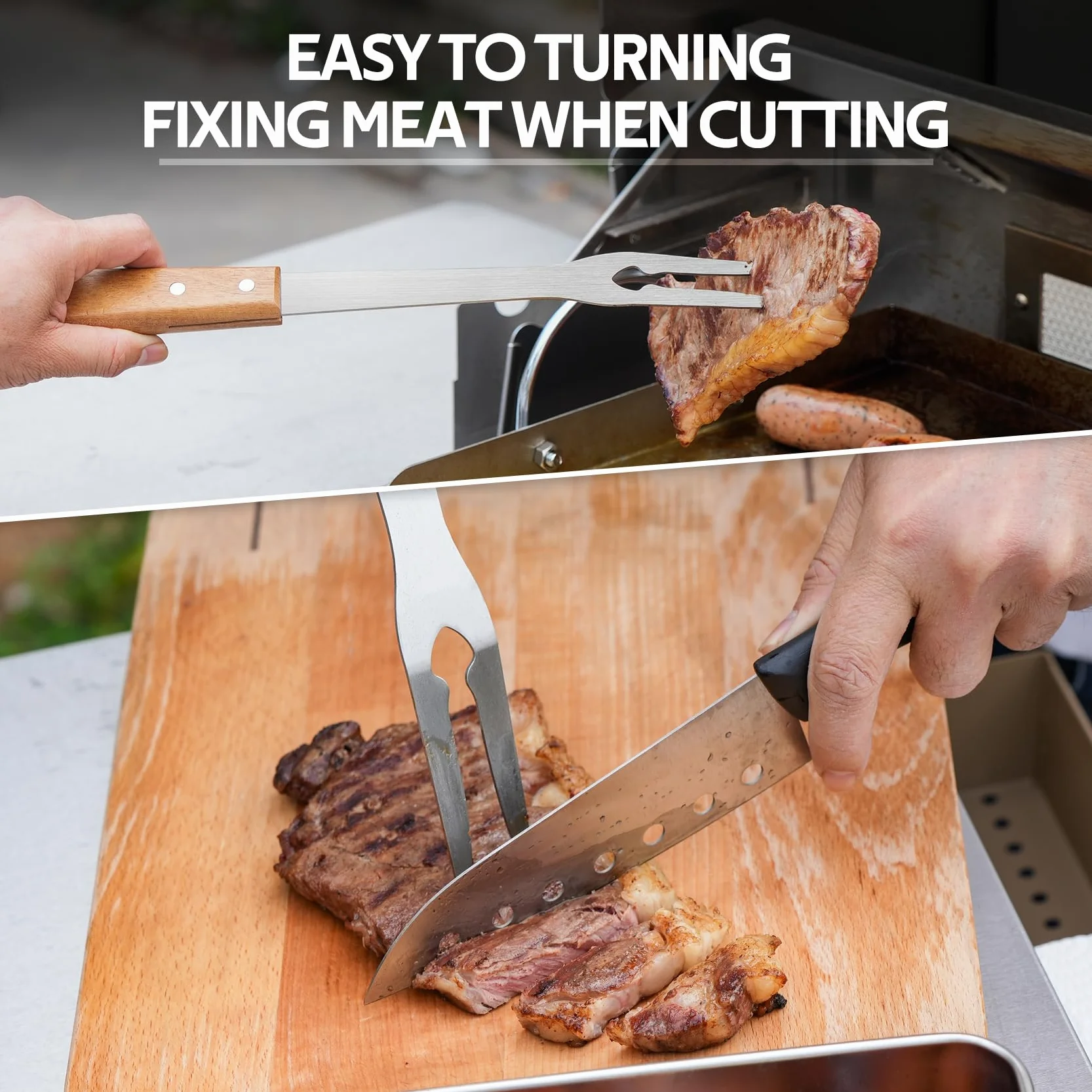 onlyfire Set di Attrezzi per Il Barbecue da 4 Pezzi, Spatola per Piastra Forata, Pinze da Cucina, Forchetta per Grill e Spazzola per Barbecue, Utensili Professionali per Grigliate e Cucina All'aperto