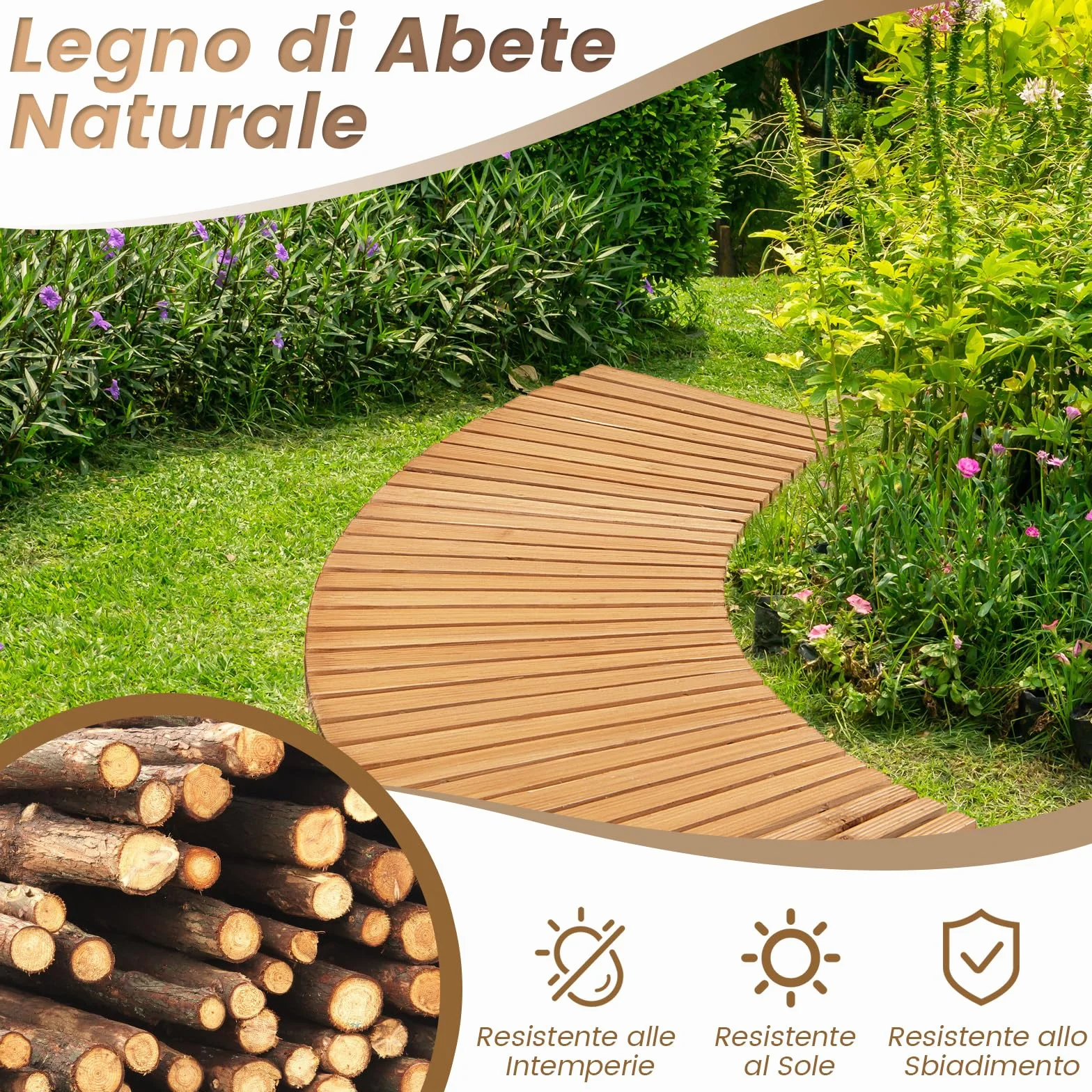 COSTWAY Sentiero da Giardino in Legno, Passerella Curvo da Esterno con Superficie Antiscivolo e Fili Metallici, Design Arrotolabile, per Patio Cortile e Spiaggia, Naturale (216 x 53 cm)