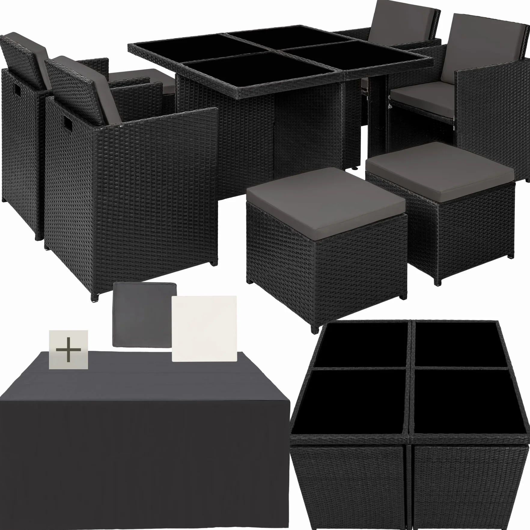 Tectake Set Mobili da Giardino Rattan Sintetico Alluminio 4 Sedie Tavolo 4 Sgabelli Involucro Protettivo Nero