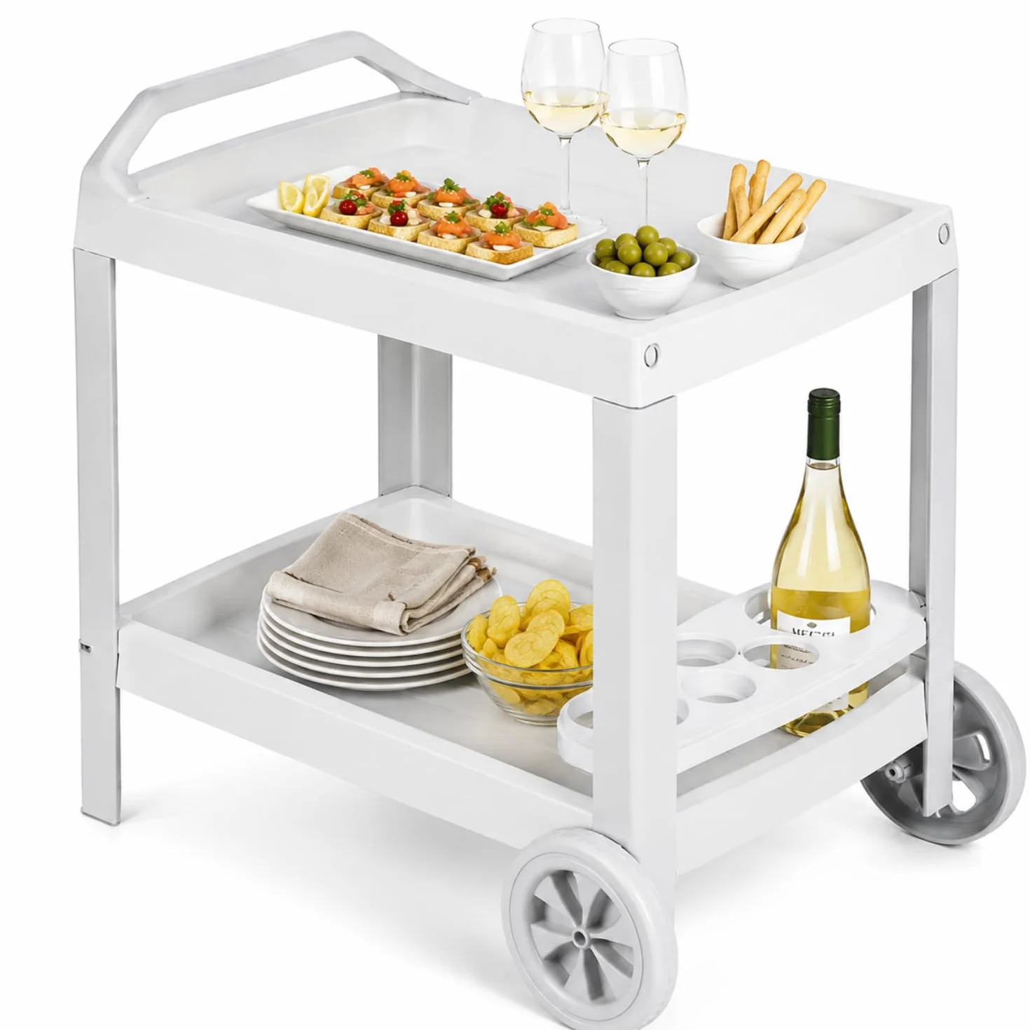 PALUPLUS Carrello Portavivande Esterno Bianco 53x74x73 cm 2 Ripiani Portabottiglie 5 Posti Made Italy