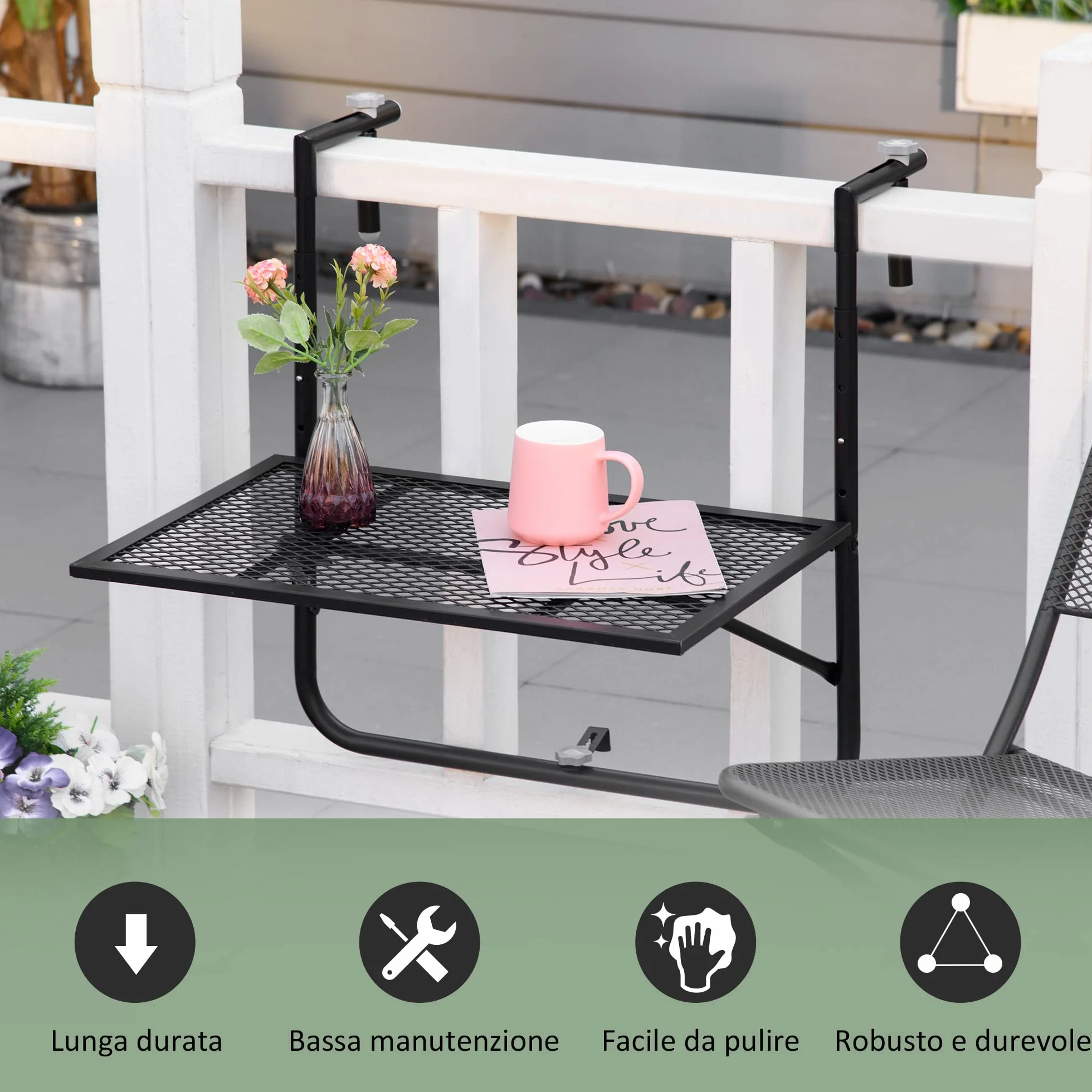Outsunny Tavolo da Ringhiera Pieghevole in Metallo, 60x60x57-72cm, Nero