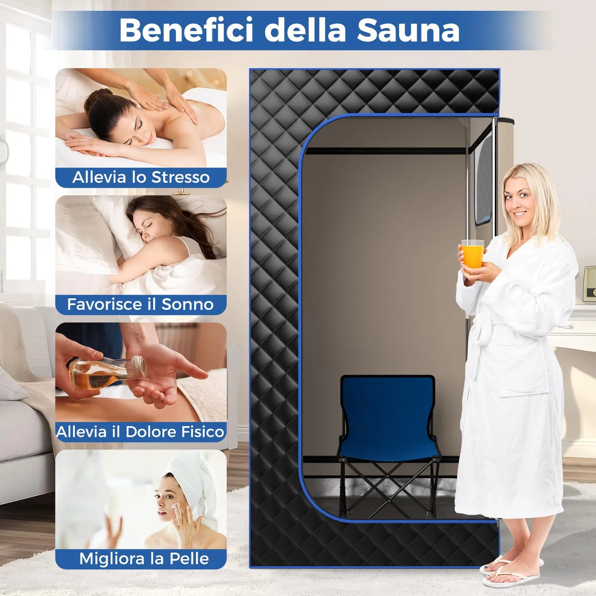 COSTWAY Cabina Sauna a Vapore 3L, Sauna da Casa con Massaggiatore per Piedi, 9 Livelli Temperatura, Timer 90 Minuti, Sedia Pieghevole, Tappetino, Nero