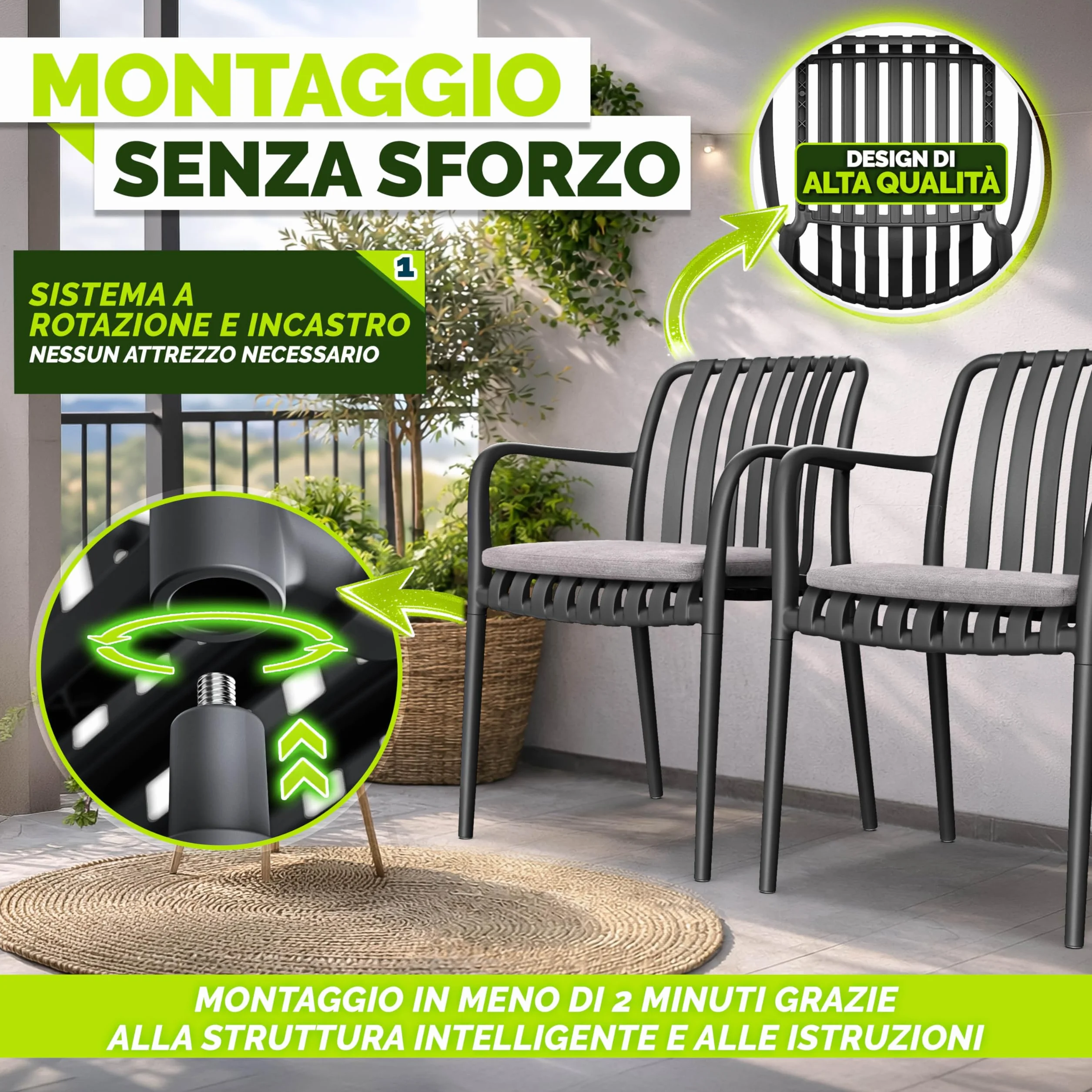 Tillvex Set di 4 Sedie da Giardino Impilabili Resistenti alle Intemperie 120 kg per Esterni Terrazzo Balcone