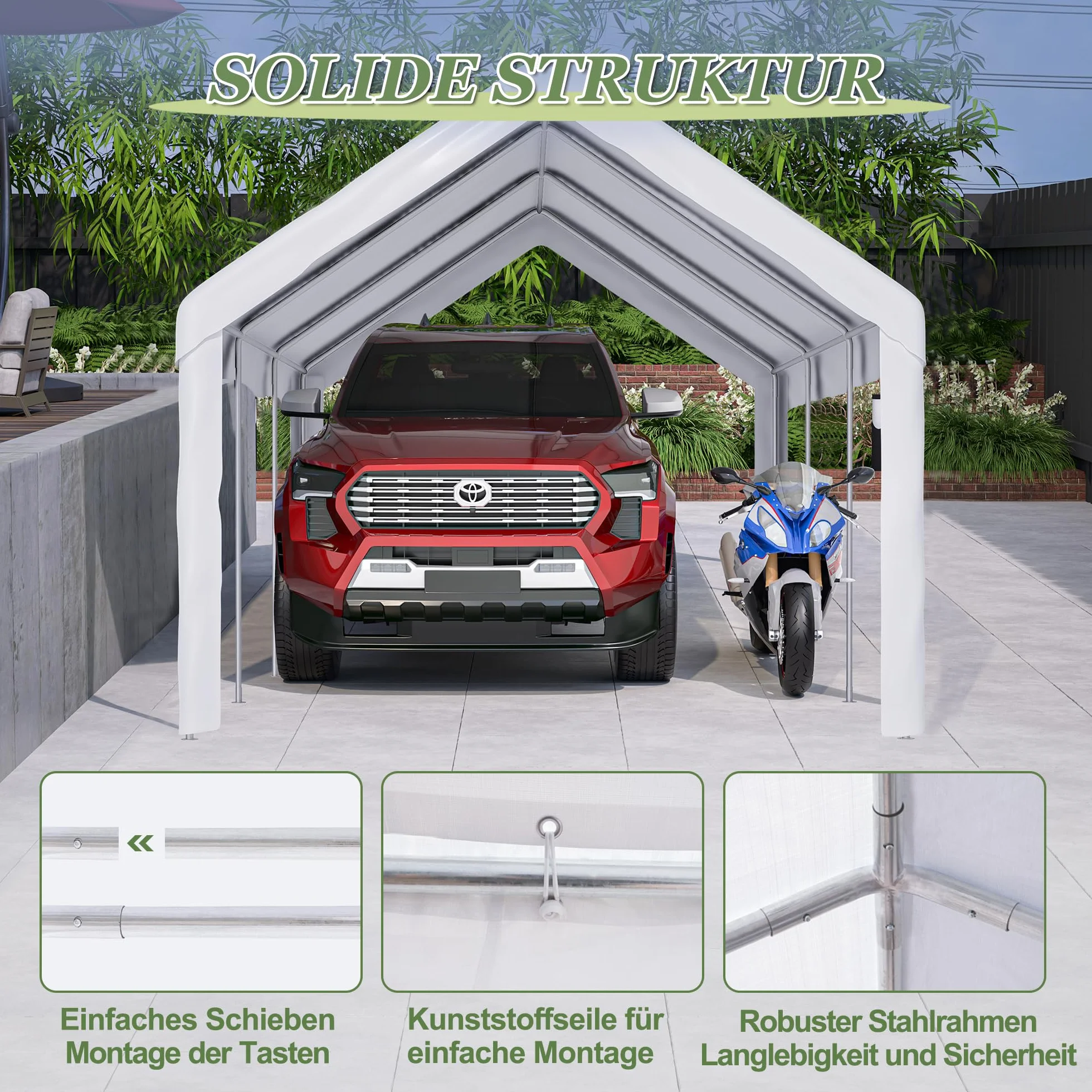 Tenda da garage per auto, moto, camion, barca e dispositivi (bianco, 3 x 6 m)