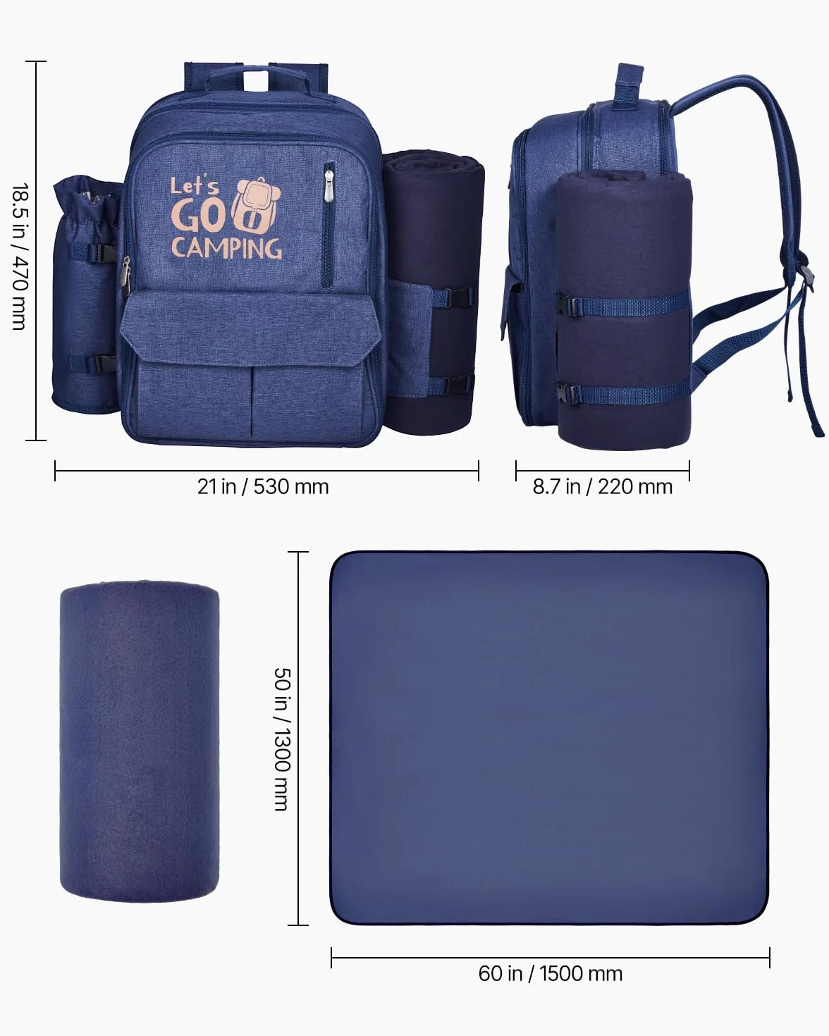 VEVOR Zaino da Picnic per 4 Persone, Capacità di 20 L Borsa da Picnic da Spiaggia con Portabottiglie Vino Staccabile, Coperta Leggera, Piatti e Sei di Posate per Esterni, Blu Marino