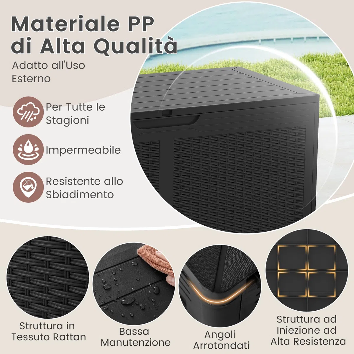 COSTWAY Baule da Esterno 380 L, Cassapanca Contenitore Impermeabile in Effetto Rattan con Coperchio Bloccabile e Ruote, Baule Salvaspazio per Mantenere Cuscini e Attrezzi da Interno e Esterno (Nero)