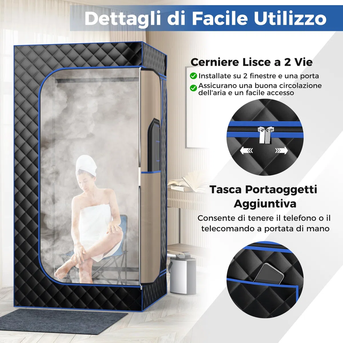 COSTWAY Cabina Sauna a Vapore 3L, Sauna da Casa con Massaggiatore per Piedi, 9 Livelli Temperatura, Timer 90 Minuti, Sedia Pieghevole, Tappetino, Nero
