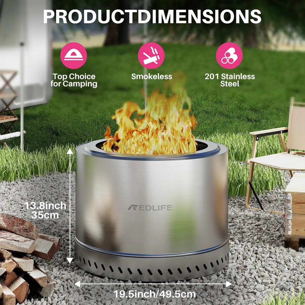 Pit in acciaio inossidabile senza fumo 49.5cm Firepit con borsa di trasporto per campeggio esterno