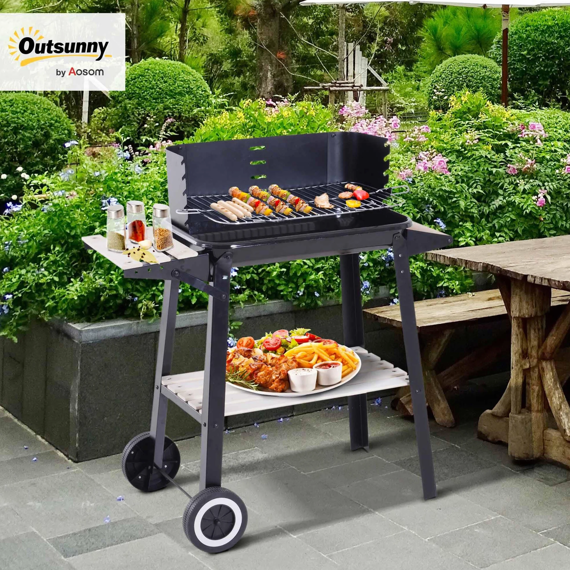 Outsunny Griglia a Carbone Barbecue BBQ Carrello Grill 83x37x87 cm Nero Ferro Legno