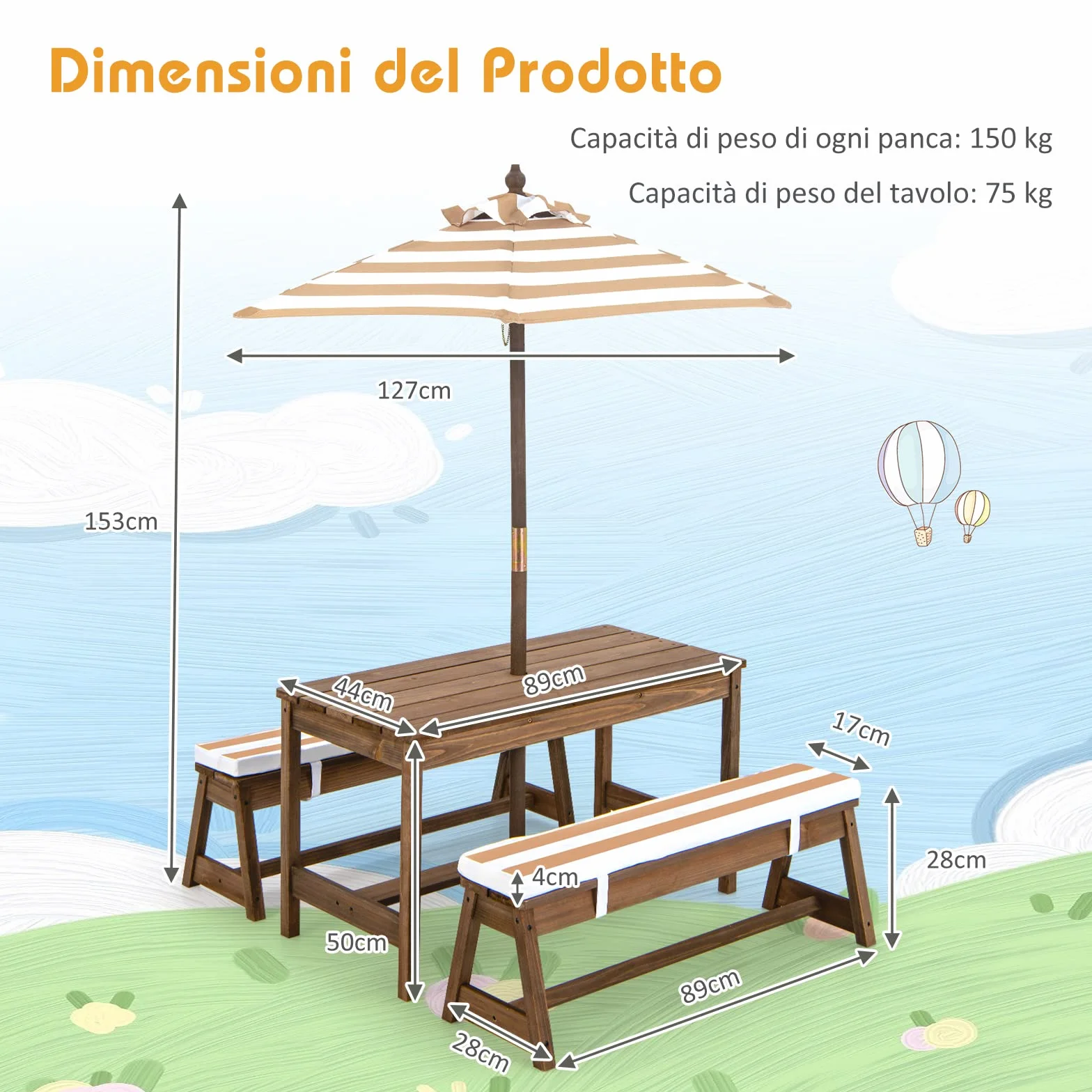 COSTWAY Tavolo da Picnic per Bambini con Parasole Pieghevole, Set Tavolo e Panca in Legno con Cuscini, Marrone
