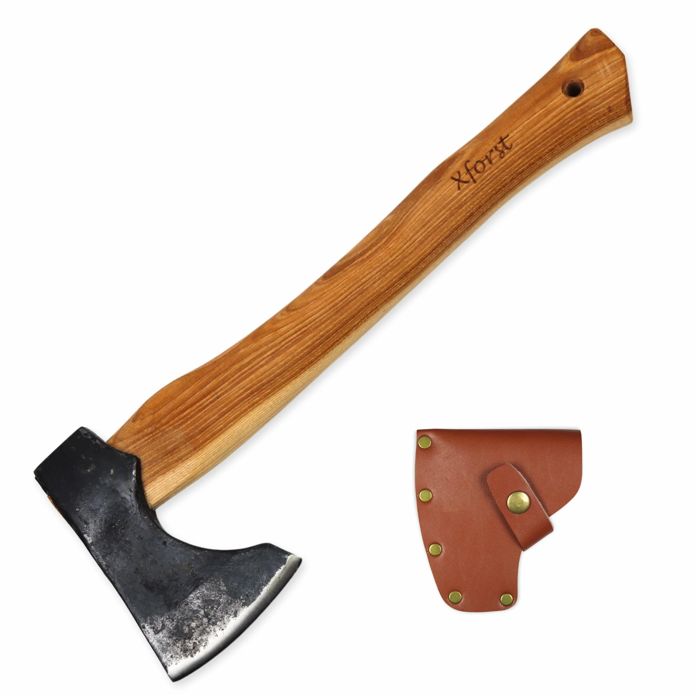Xforst Ascia Accetta vichinga, scure da sopravvivenza con fodero in pelle, Acciaio al carbonio forgiato, manico in legno di noce americano, modello X-TA5B