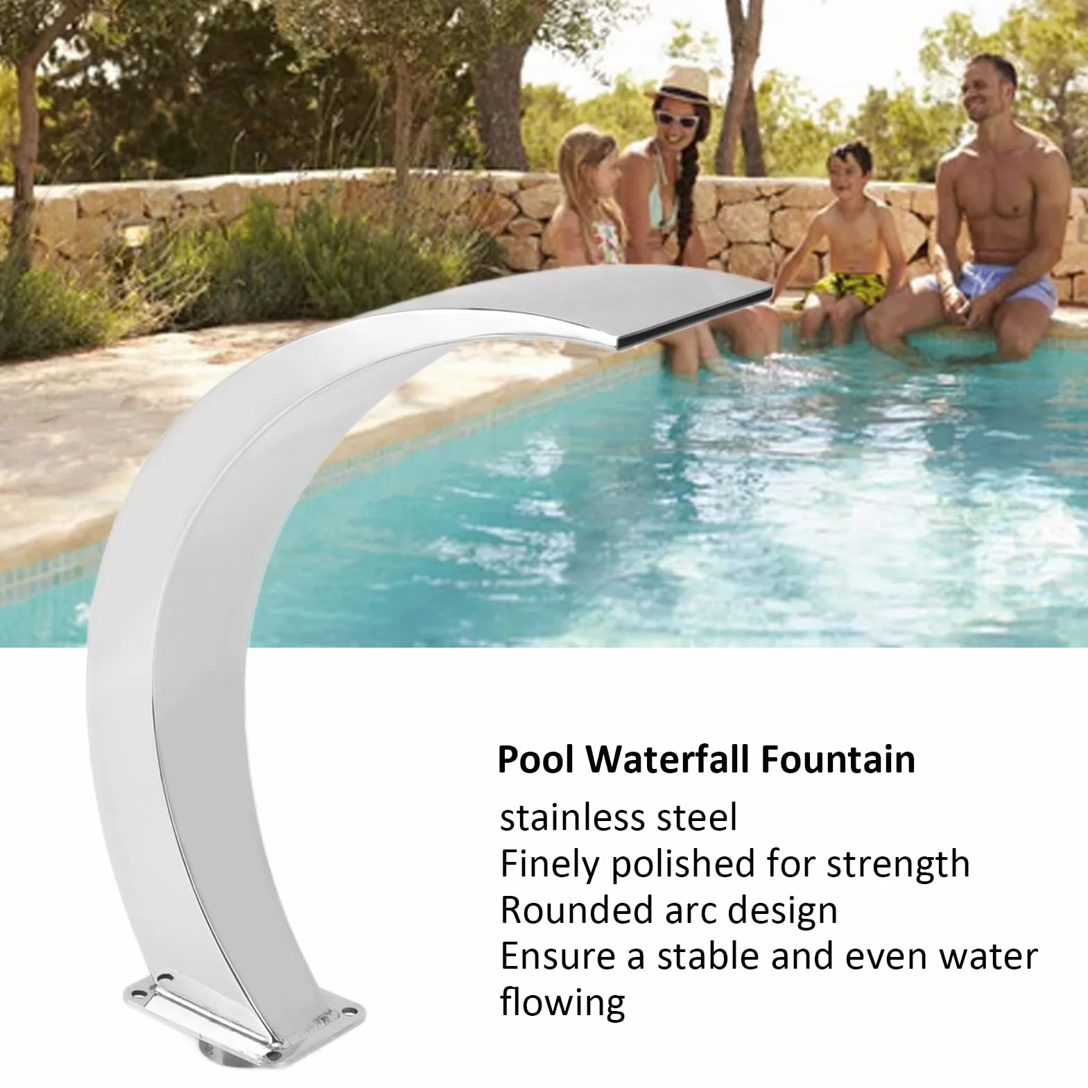 flexman Fontana a Cascata per Piscina, Altezza 14,3 Pollici, Fontana per Piscina Esterna Curva in Acciaio Inossidabile con Filettatura Interna G1 per Piscine, Piscina da Giardino