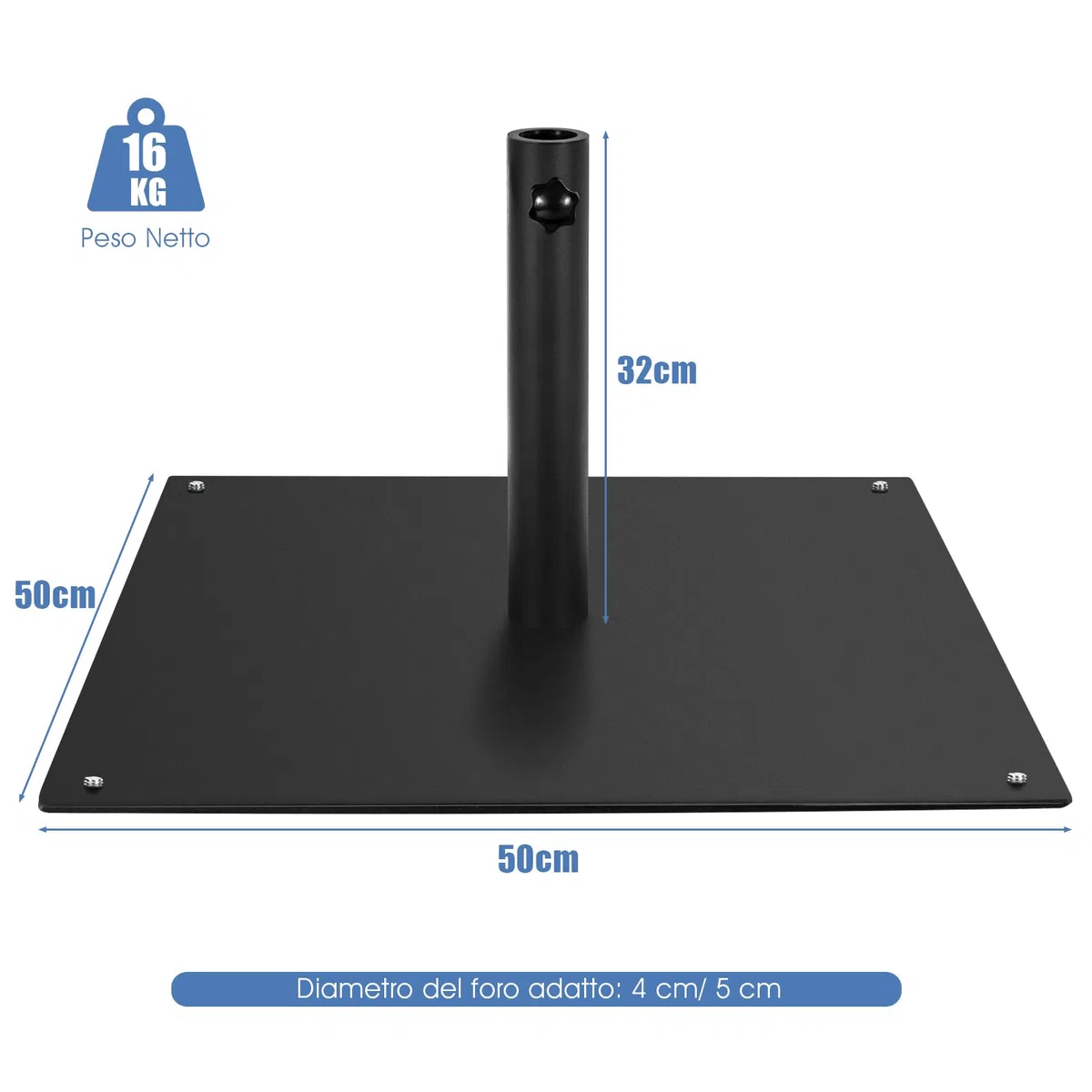 COSTWAY Base per Ombrellone Quadrata 50 cm, 16 kg con 4 Piedini Regolabili, Adattatori da 4cm/5cm, Supporto Ombrellone Installazione Veloce, per Patio Piscina (Nero)