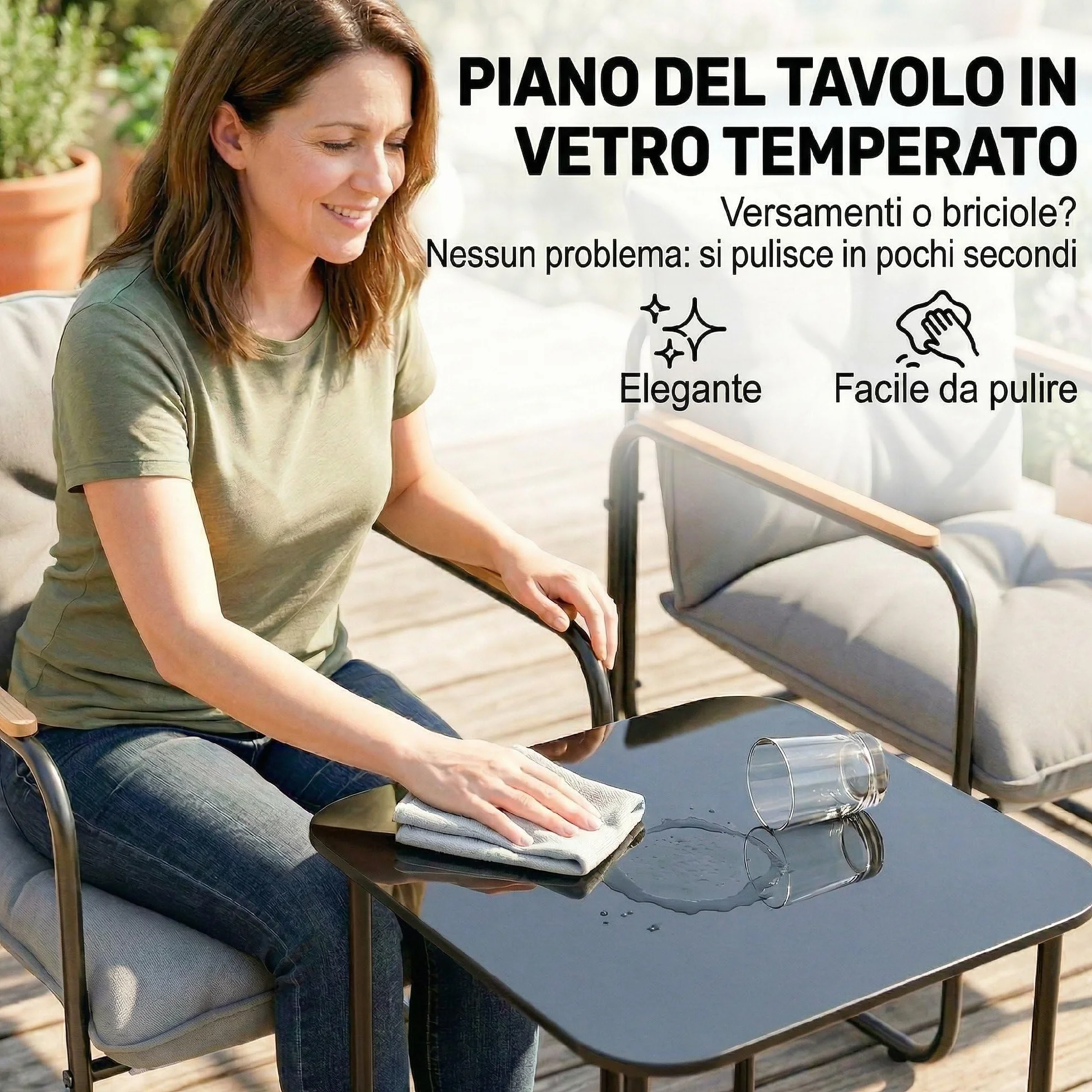 Outsunny Set da Bistrò 3 Pezzi, Set da Giardino in Metallo con 2 Sedie Texteline, Tavolo in Vetro, Cuscini Spessi, Grigio Scuro