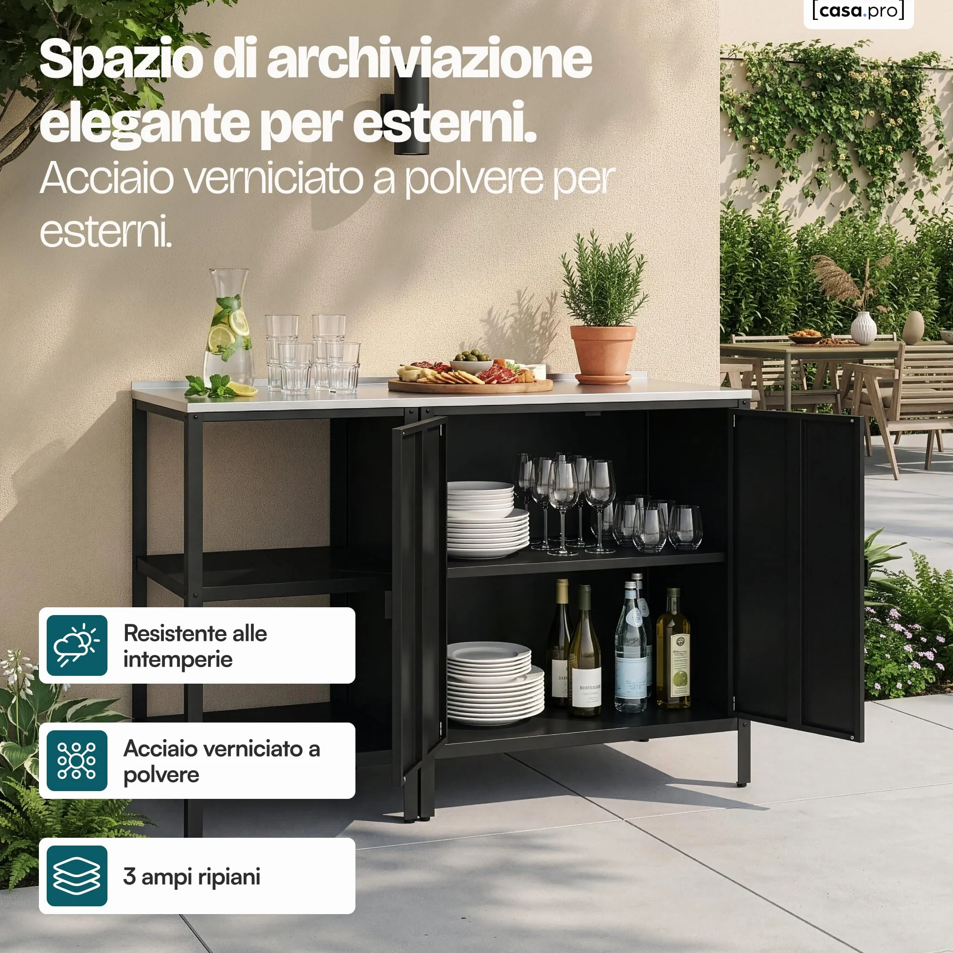 casa.pro Set di Mobili Organizzatori da Esterno Composto di Armadio da Giardino e Bancone in Acciaio con Ripiani Piedini Regolabili per Livellare - Grigio/Nero Opaco