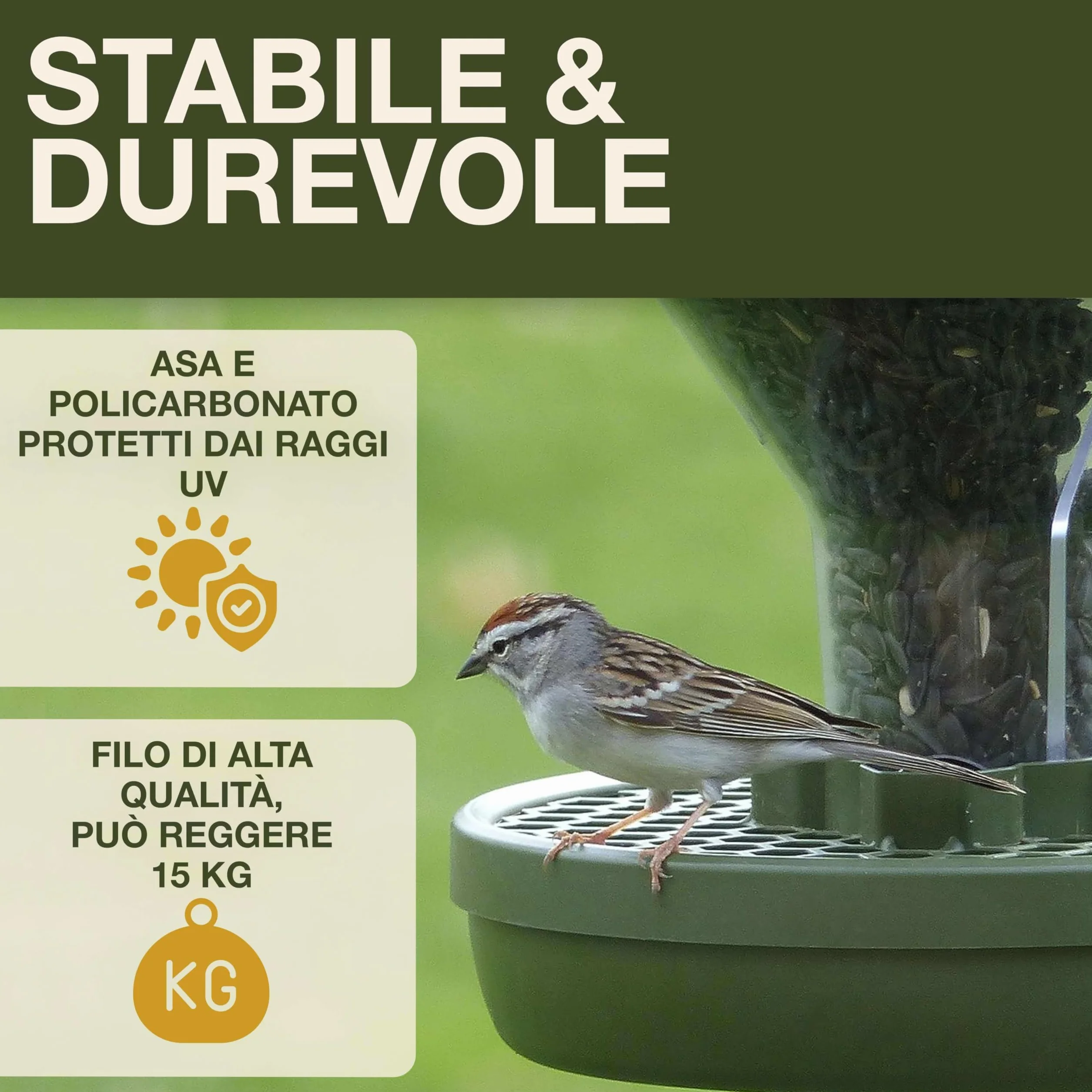 SWISSINNO Mangiatoia per Uccellini da Esterno Davos SMART BIRDS Casetta Cibo Uccelli Selvatici 2 Scomparti Antispreco Verde