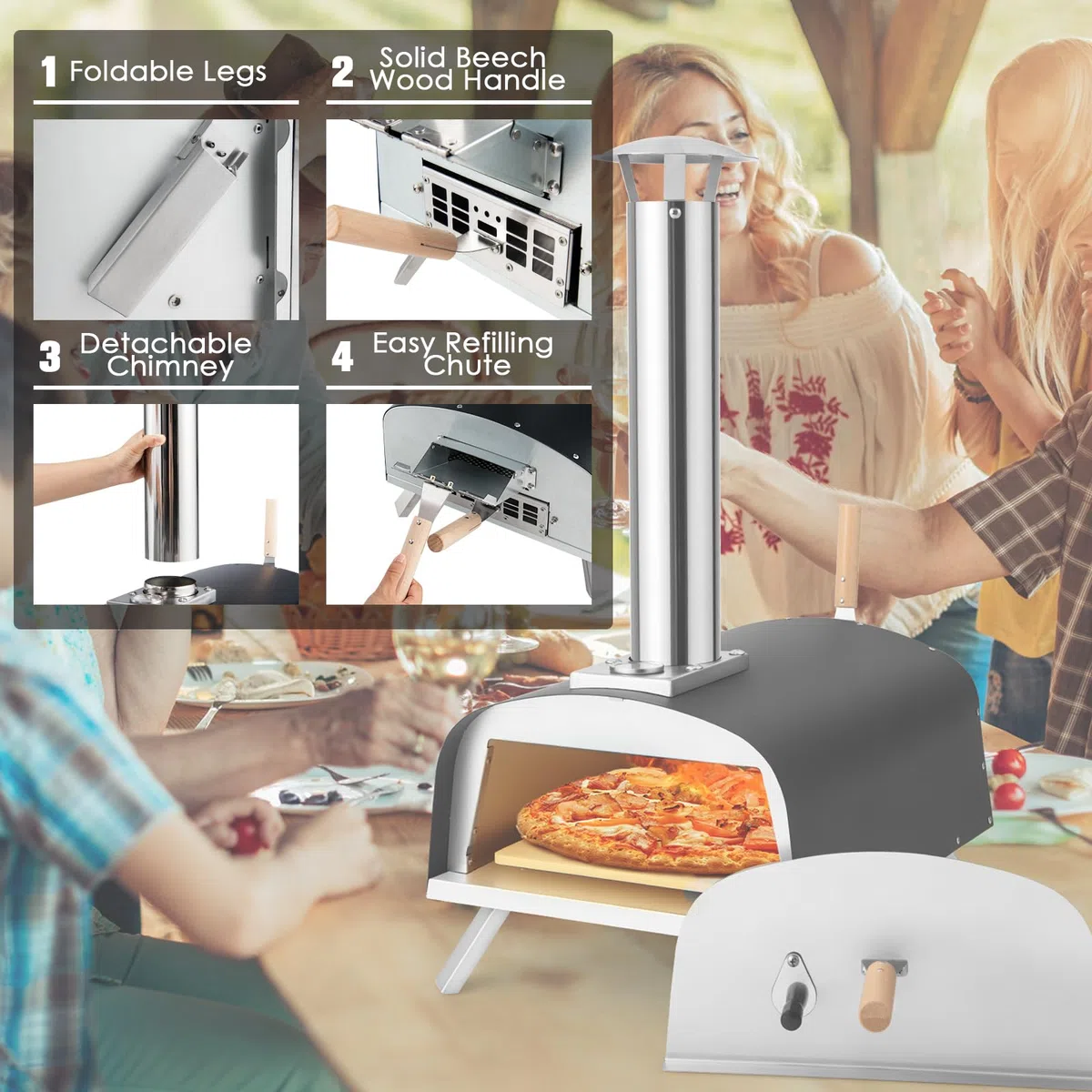 KOMFOTTEU Forno per pizza all'aperto a legna in acciaio inox con pietra e termometro