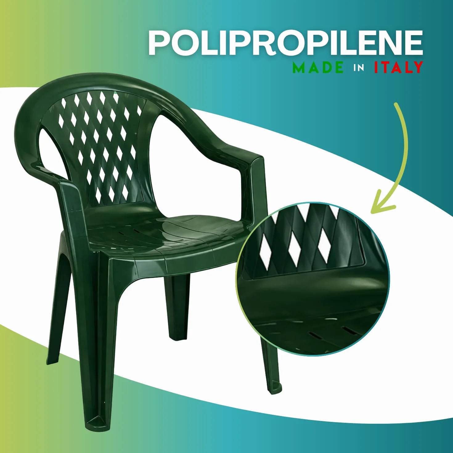 PALUPLUS Set 4 Sedie da Giardino in Polipropilene Verde 57x61,5x79 cm Impilabile per Esterno ed Interno Made in Italy