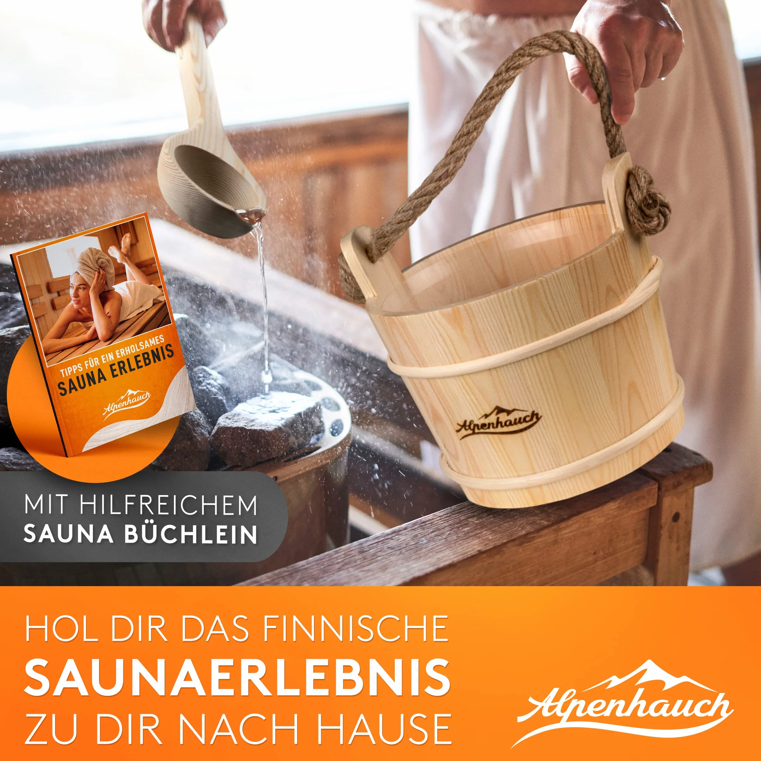 ALPENHAUCH Secchio per sauna con cazzuola in legno naturale – Set accessori per sauna con clessidra e termometro/igrometro