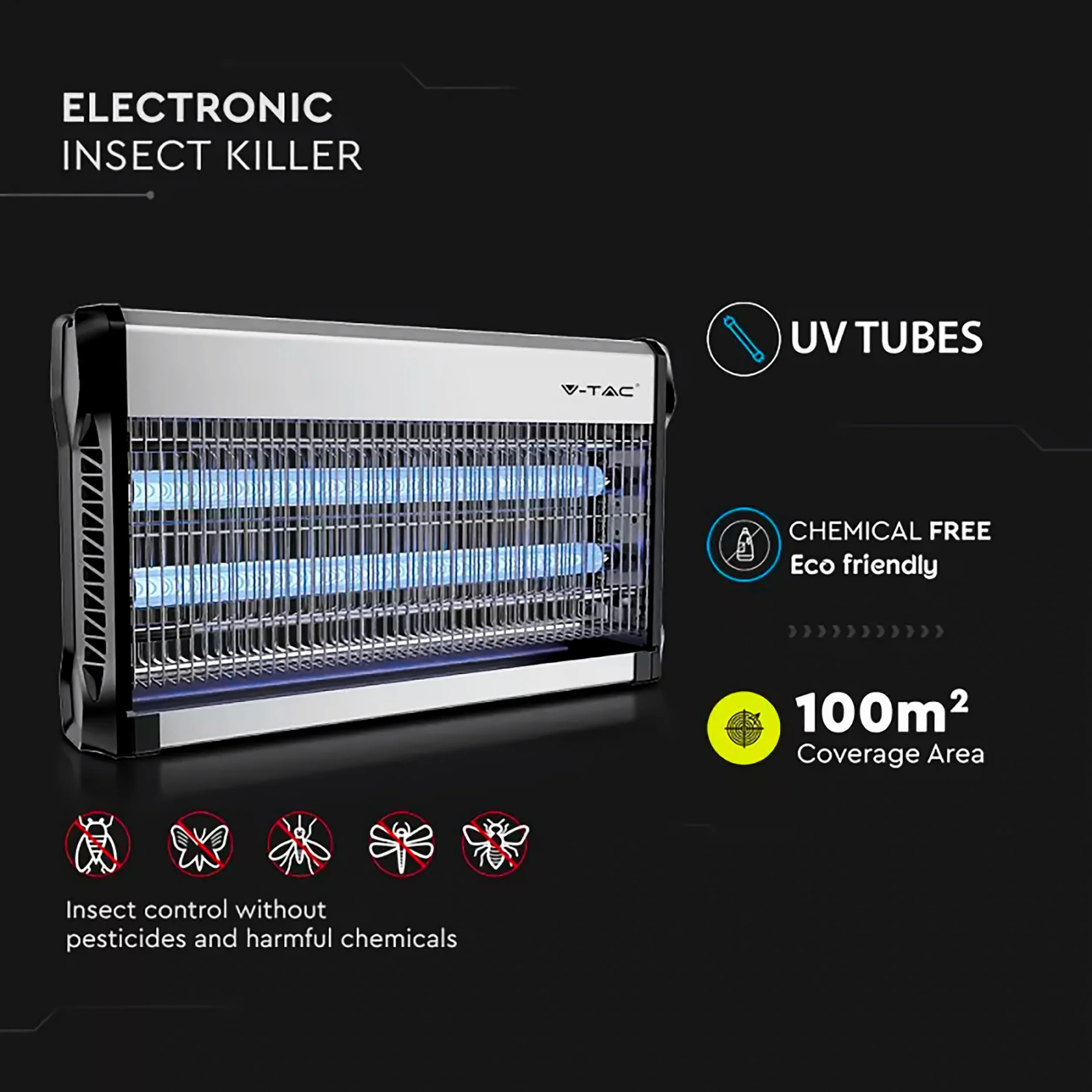 V-TAC Zanzariera Elettrica Potente - 30W con Area di Azione 100 m² - Design Sottile - Zanzariera con Luce Blu UV per Uso Interno ed Esterno - Trappola Elettrica contro Zanzare e Insetti - Potenza 30W