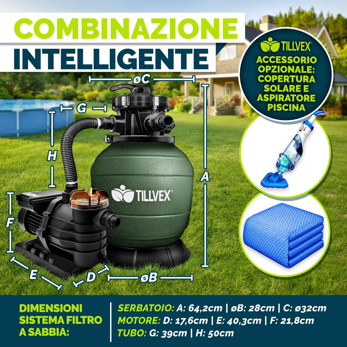tillvex Depuratore d'acqua per piscina 10 m³/h 800 g sfere filtro Pompa filtro a sabbia con valvola