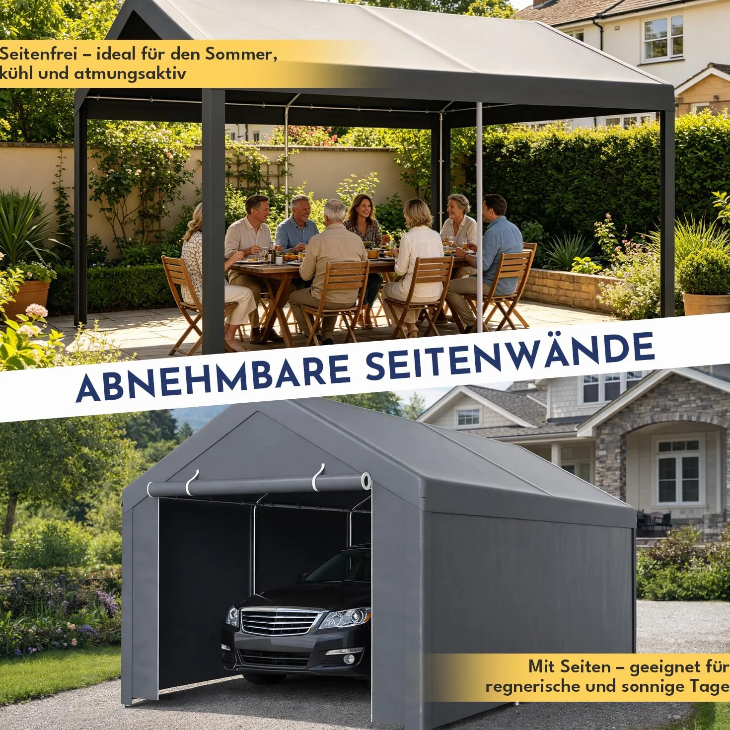 Tenda da garage con telone in PE resistente alle intemperie, impermeabile, con 2 pareti laterali e 10 picchetti, protezione UV, per auto, SUV, barca, 3 x 4 m