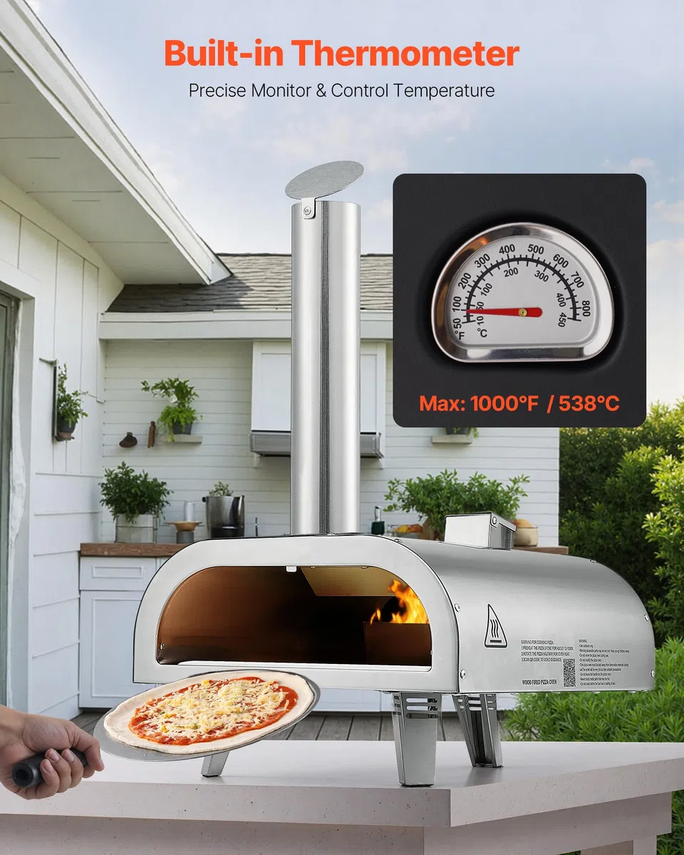 Pizzaoven VE VOR Forno per Pizza da Esterno Portatile 12 Pollici a Legna con Termometro Integrato Argento